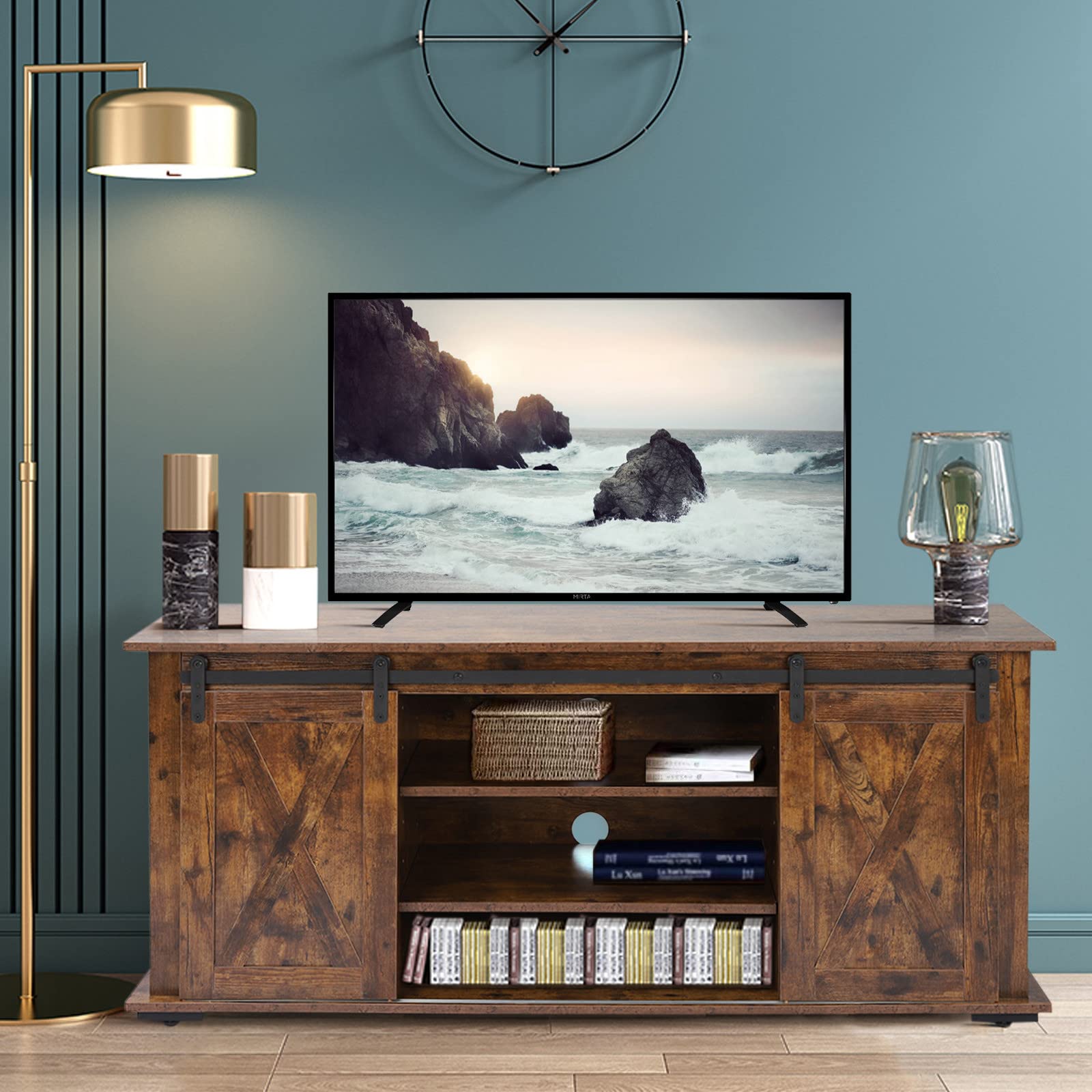 Modern Sliding Barn Door TV Stand for 60 Inch TVs - Wood Entertainment Center with 3 Adjustable Shelves - Rustic Brown Media Console Cabinet (137x40x61cm) - Perfect for Living Room, Home Theater & Apartment Decor
