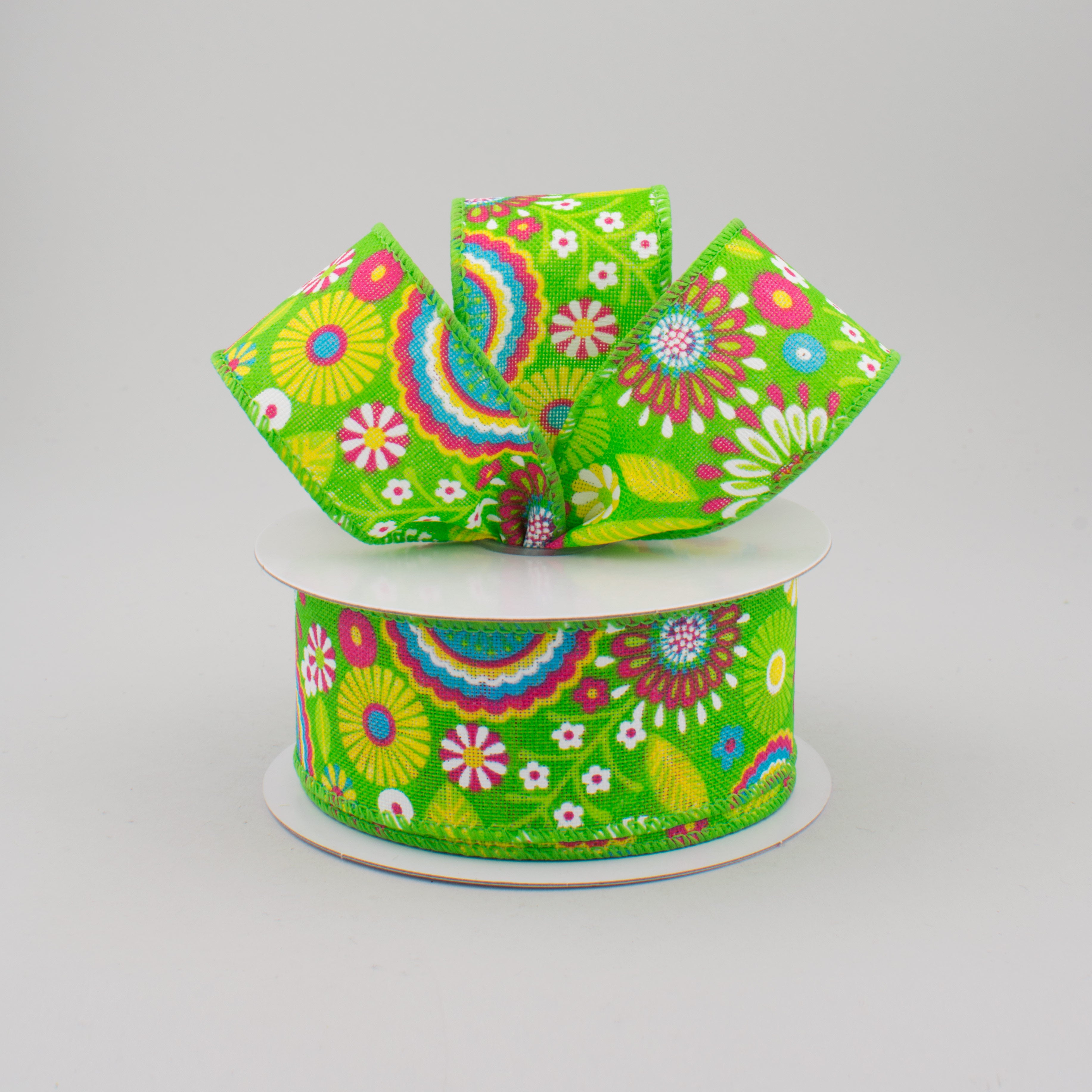 1.5 Inch Lime Green Canvas Spring Flower Doodles Ribbon - 10 Yards Bulk Roll for DIY Crafts, Gift Wrapping, Scrapbooking & Party Decorations