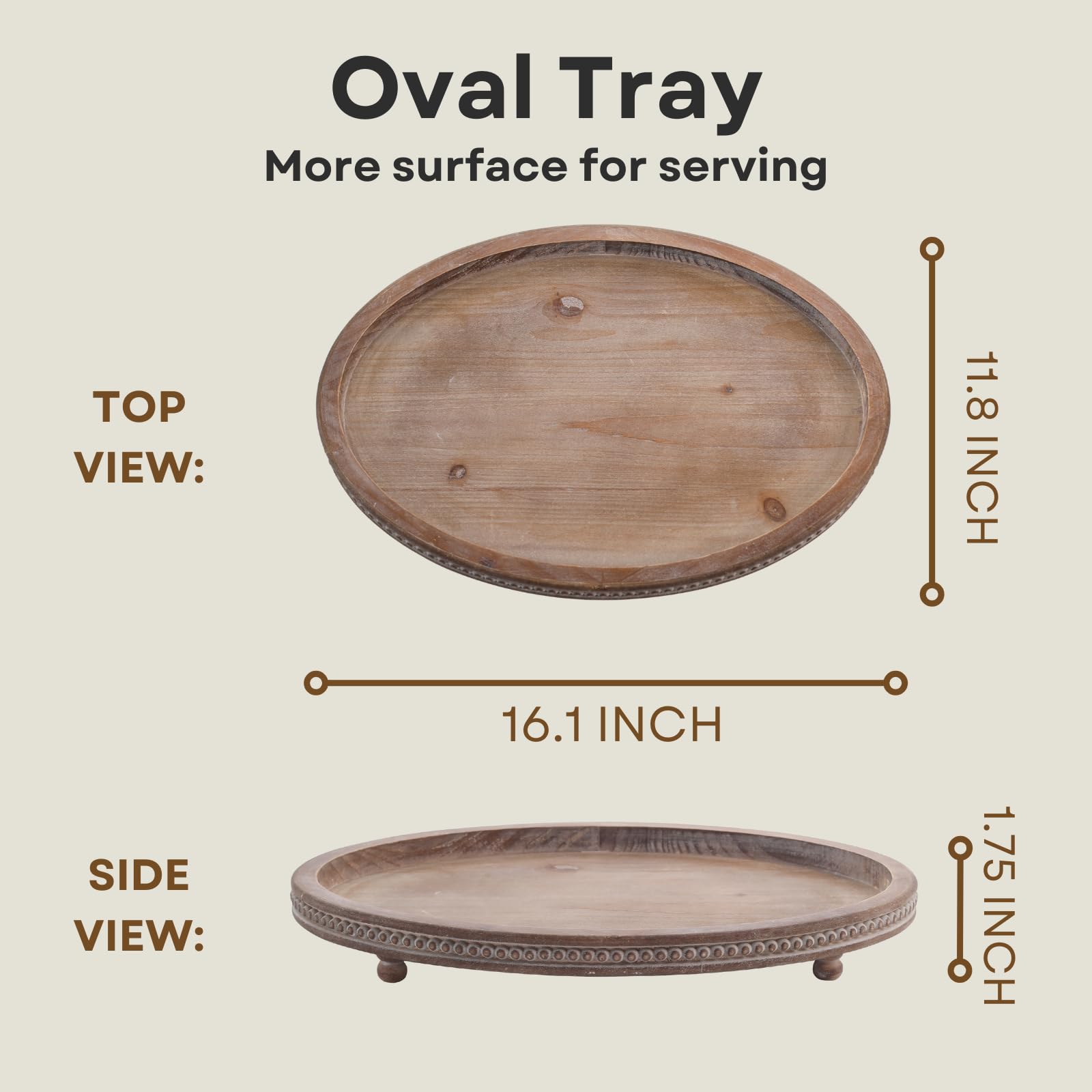 Handmade Distressed Brown Oval Wooden Tray with Beaded Edge - Rustic Home Decor for Coffee Table, Kitchen, Dining Table & Entryway - Perfect for Holiday Decorations & Gift Giving
