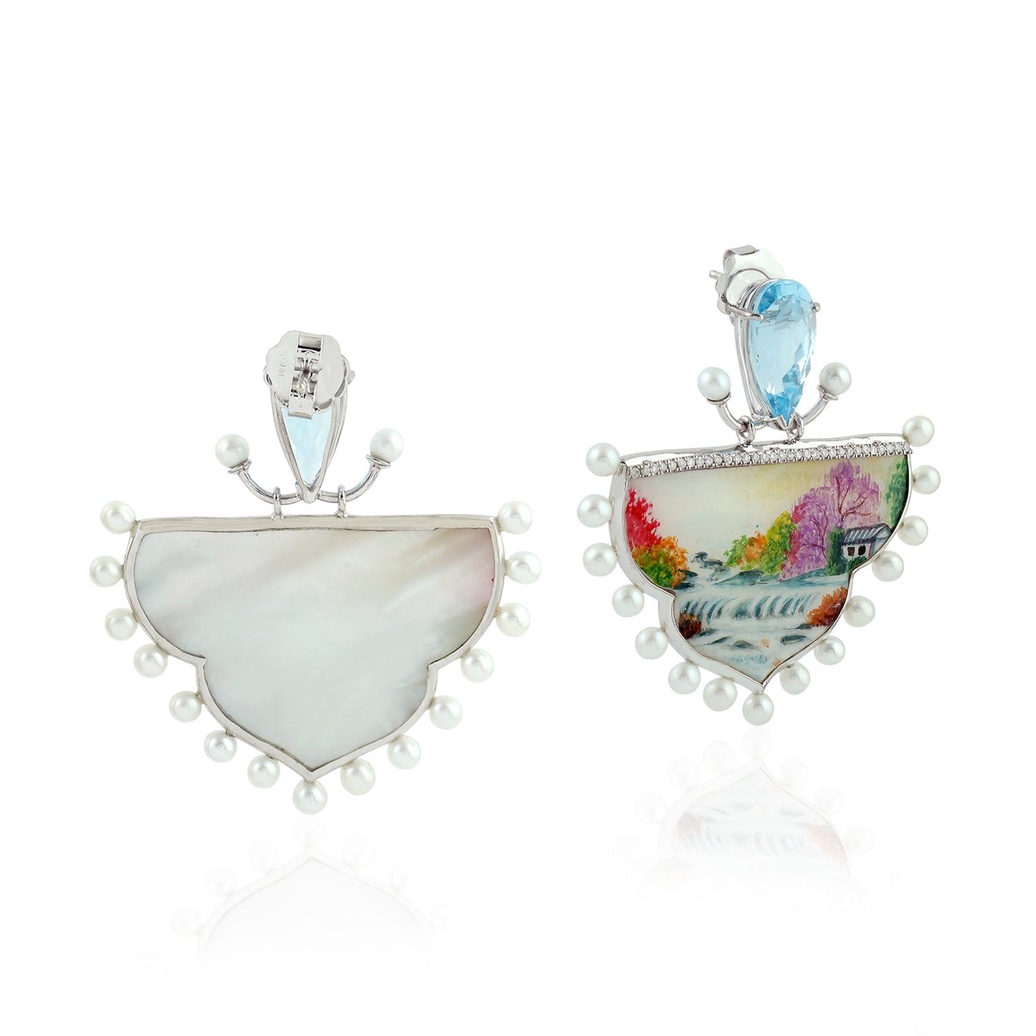 Exquisite White Gold Dangle Earrings with MOP Pearls, Blue Topaz & Pave Diamonds - Perfect for Weddings, Parties & Special Occasions