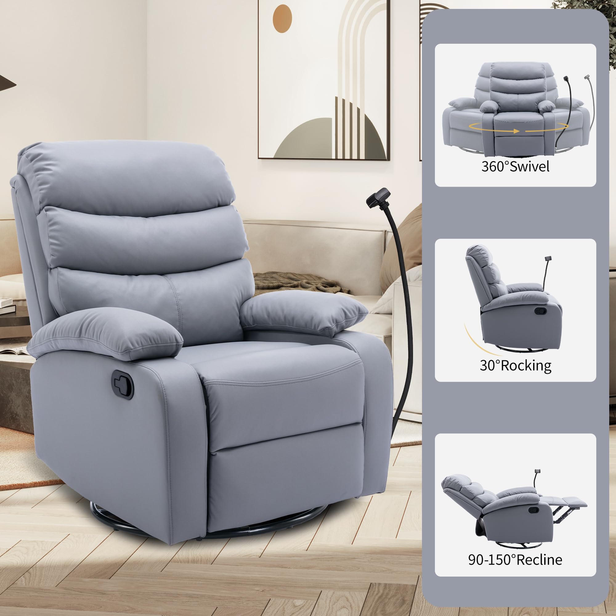 Comfortable Swivel Rocking Recliner Chair - Soft Microfiber Fabric Manual Recliner with 360° Rotation, Compact Living Room Chair for Nursery, Bedroom & RV - Light Gray - Perfect for Relaxing, Nursing & Small Space Living