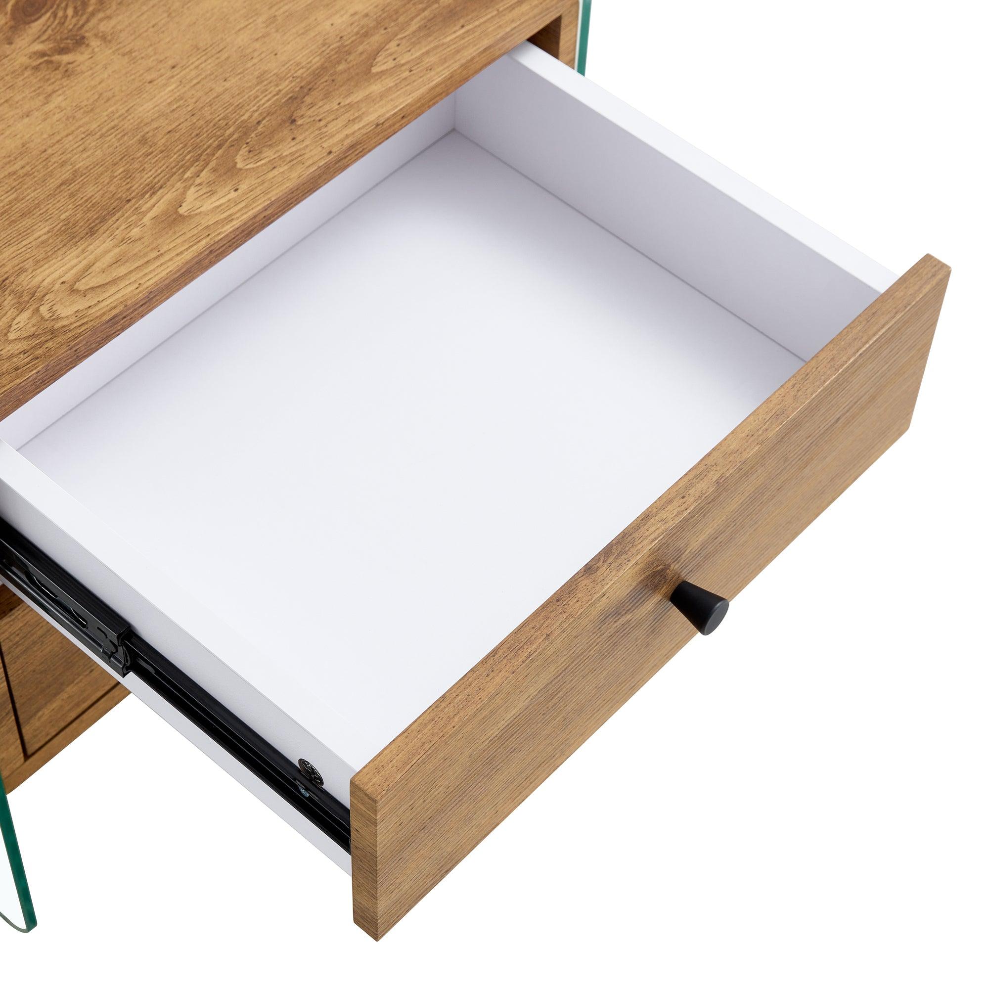 Modern Double Drawer Bedside Table with MDF Sticker Surface & Tempered Glass Sides - Elegant Design & Spacious Storage for Bedroom, Living Room, or Office