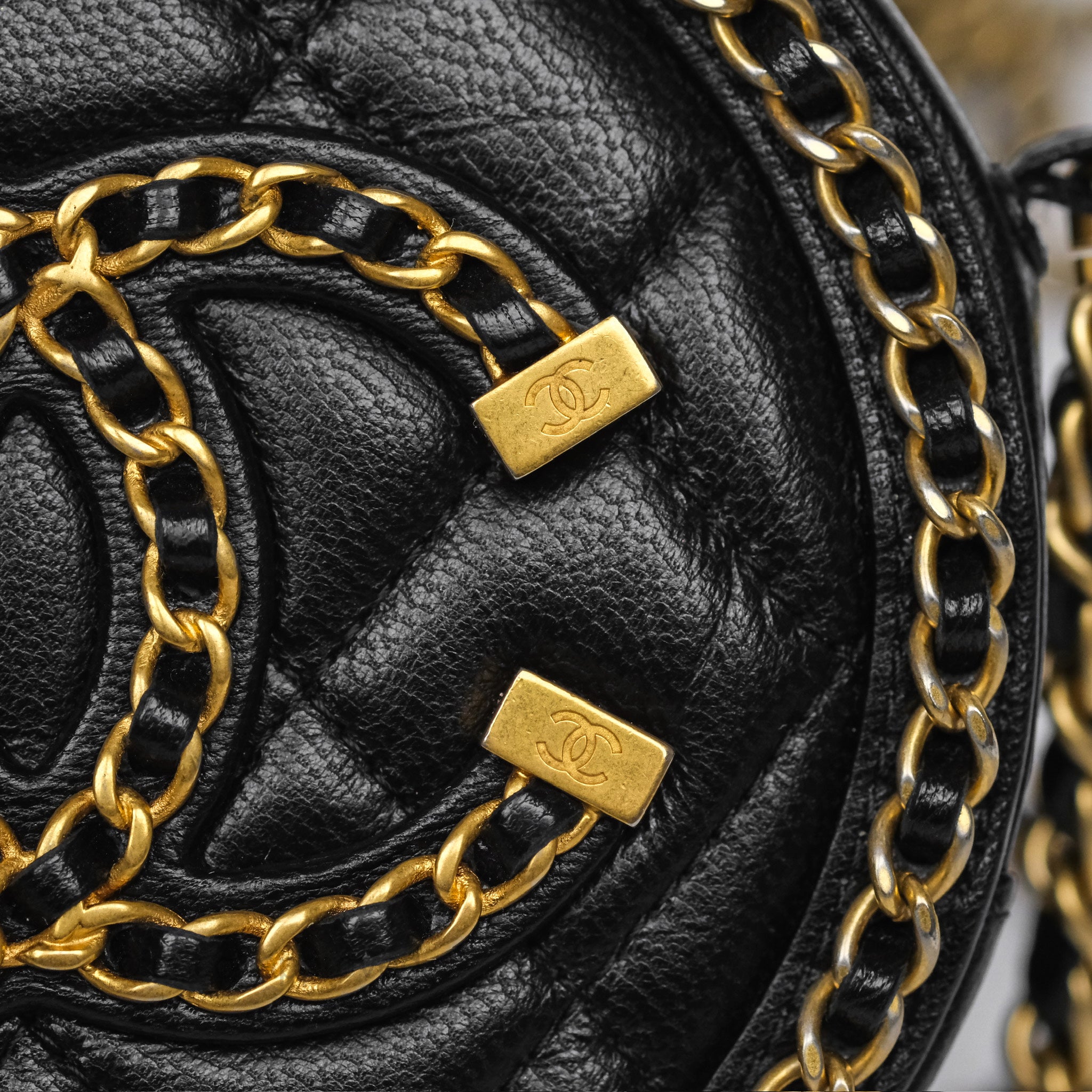 Chanel Black Lambskin Chained Round Filigree Clutch with Gold Hardware - Elegant Evening Bag for Parties, Weddings & Special Occasions