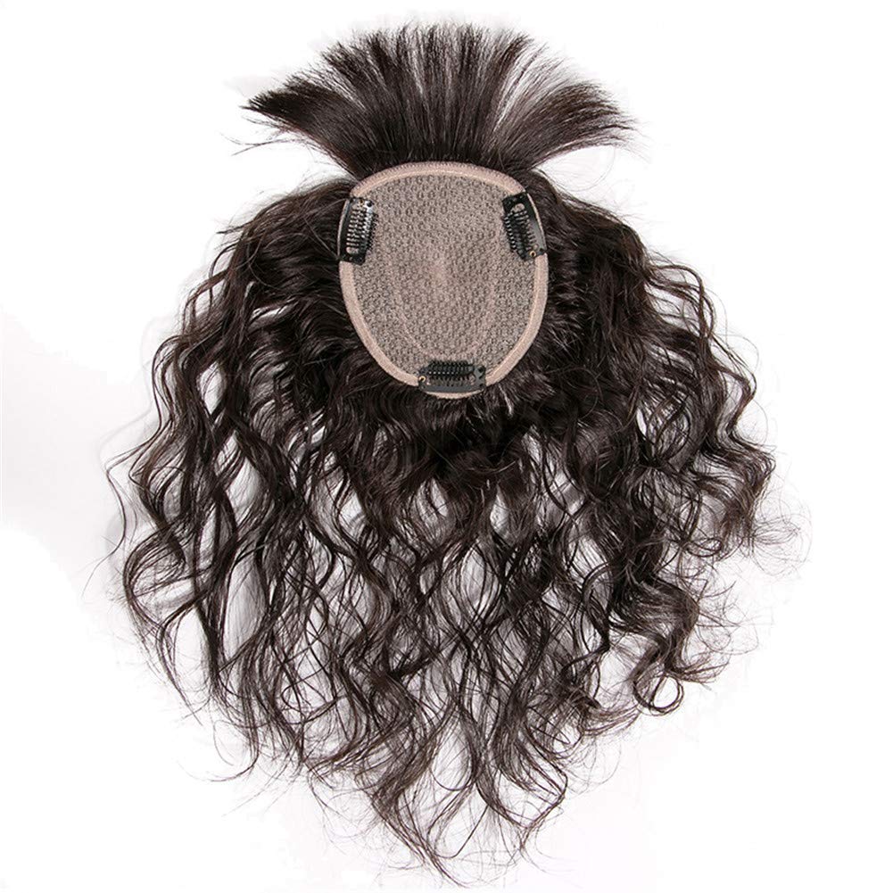 LXUE 4x4.7 Inch Silk Base Human Hair Topper with Bangs - Natural Curly Hairpiece for Women with Thin Hair - 8 Inch Dark Brown Hair Topper for Daily Wear & Special Occasions