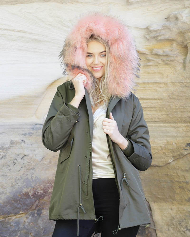 Stylish Green and Pink Parka Jacket for Women - Waterproof Winter Coat for Outdoor Activities, Hiking, and Casual Wear