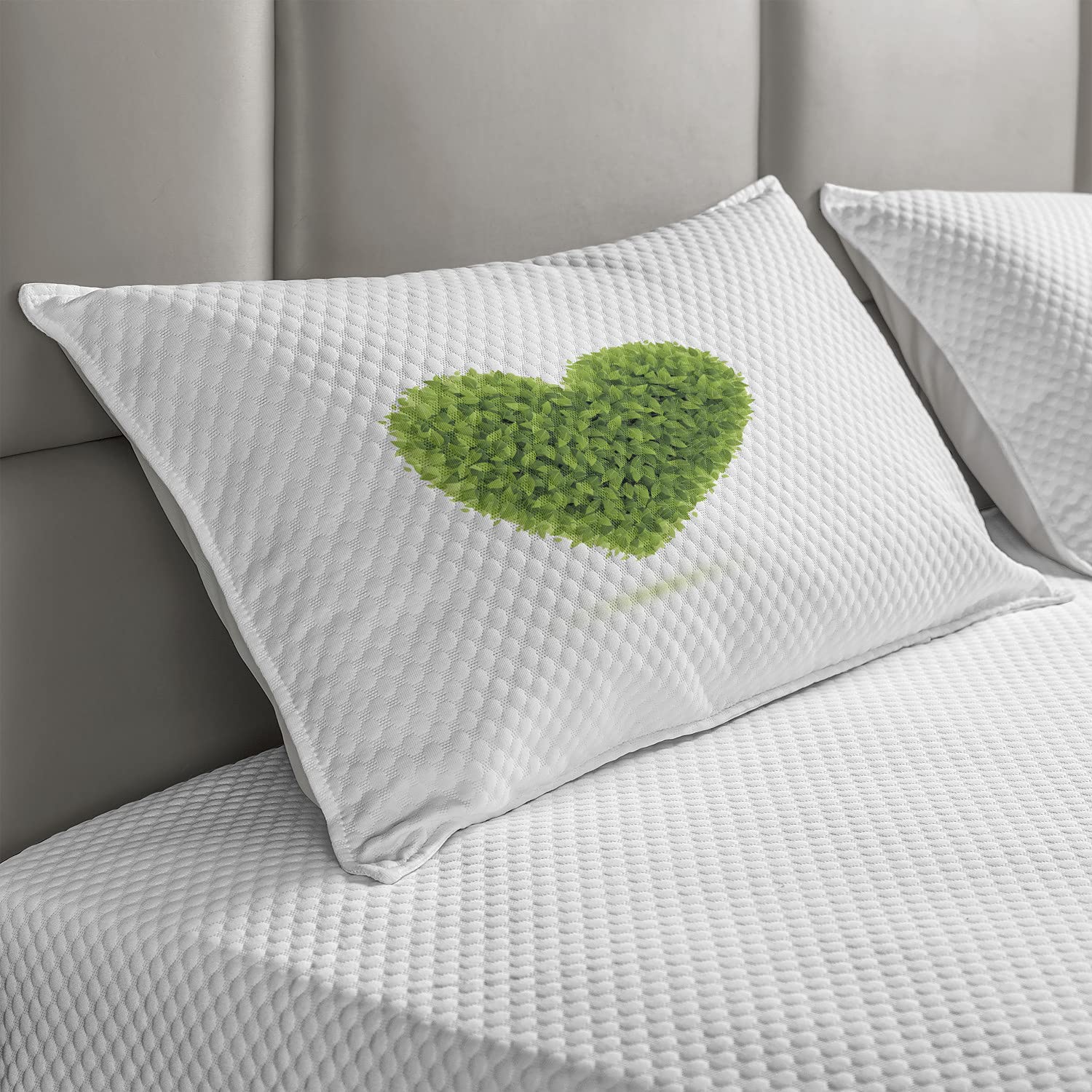 Ambesonne Green Quilted Pillow Cover - Romantic Heart with Leaf Foliage Nature Design, King Size 36