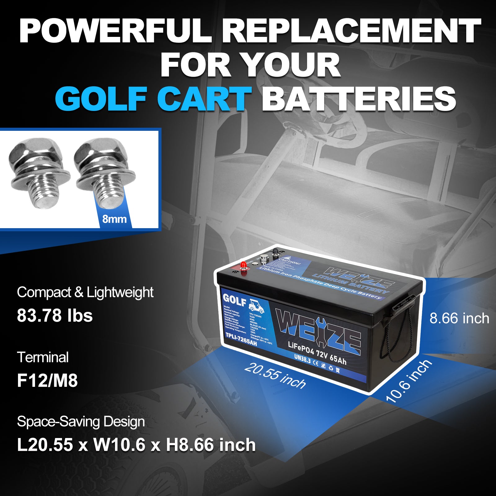 WEIZE 72V (76.8V) 65AH LiFePO4 Golf Cart Lithium Battery - 4992Wh High Capacity with Bluetooth Monitoring, 8000+ Deep Cycles, 200A BMS - Perfect for Golf Carts, Electric Vehicles & Solar Energy Storage - 10 Year Warranty