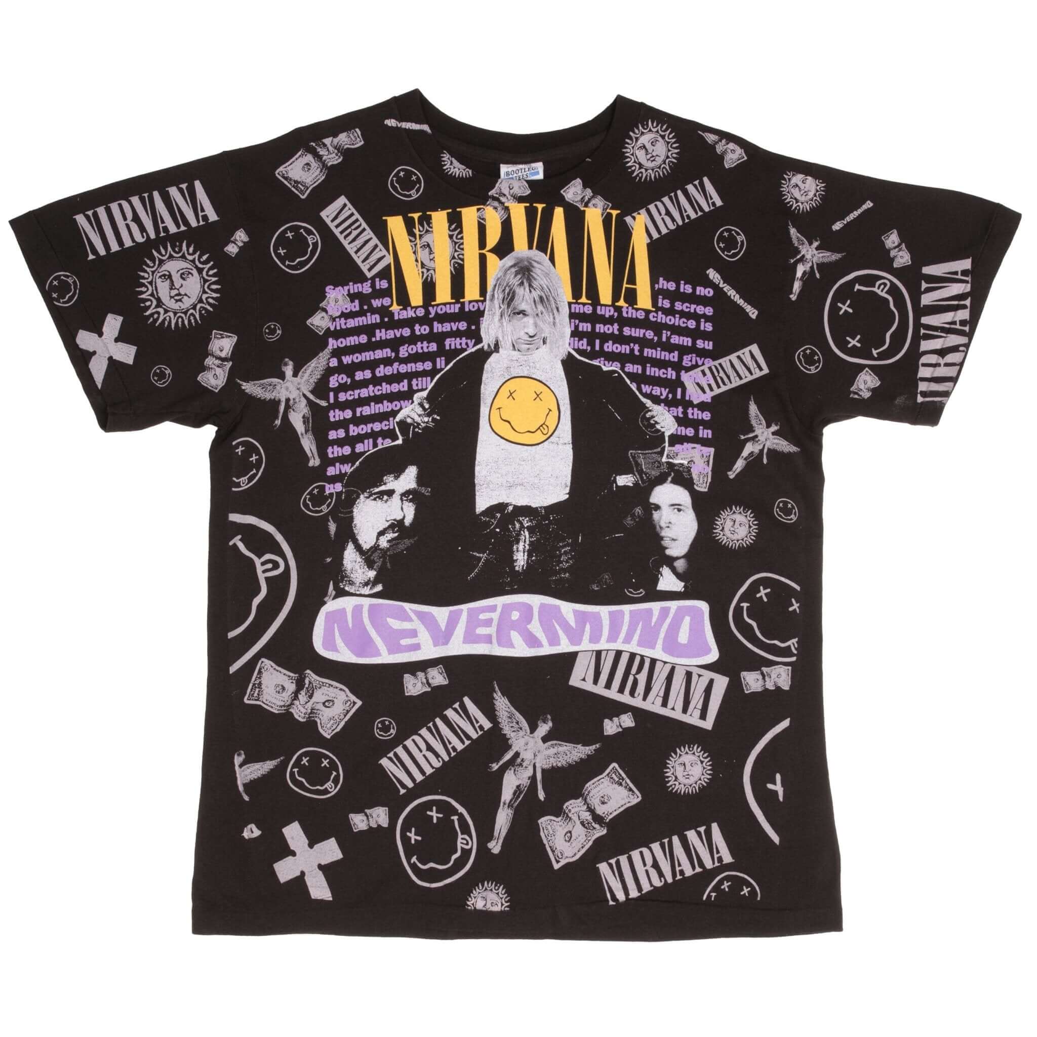 Nirvana Nevermind Kurt Cobain Bootleg All Over Print Tee Shirt - XL Single Stitch Vintage Style for Concerts & Casual Wear
