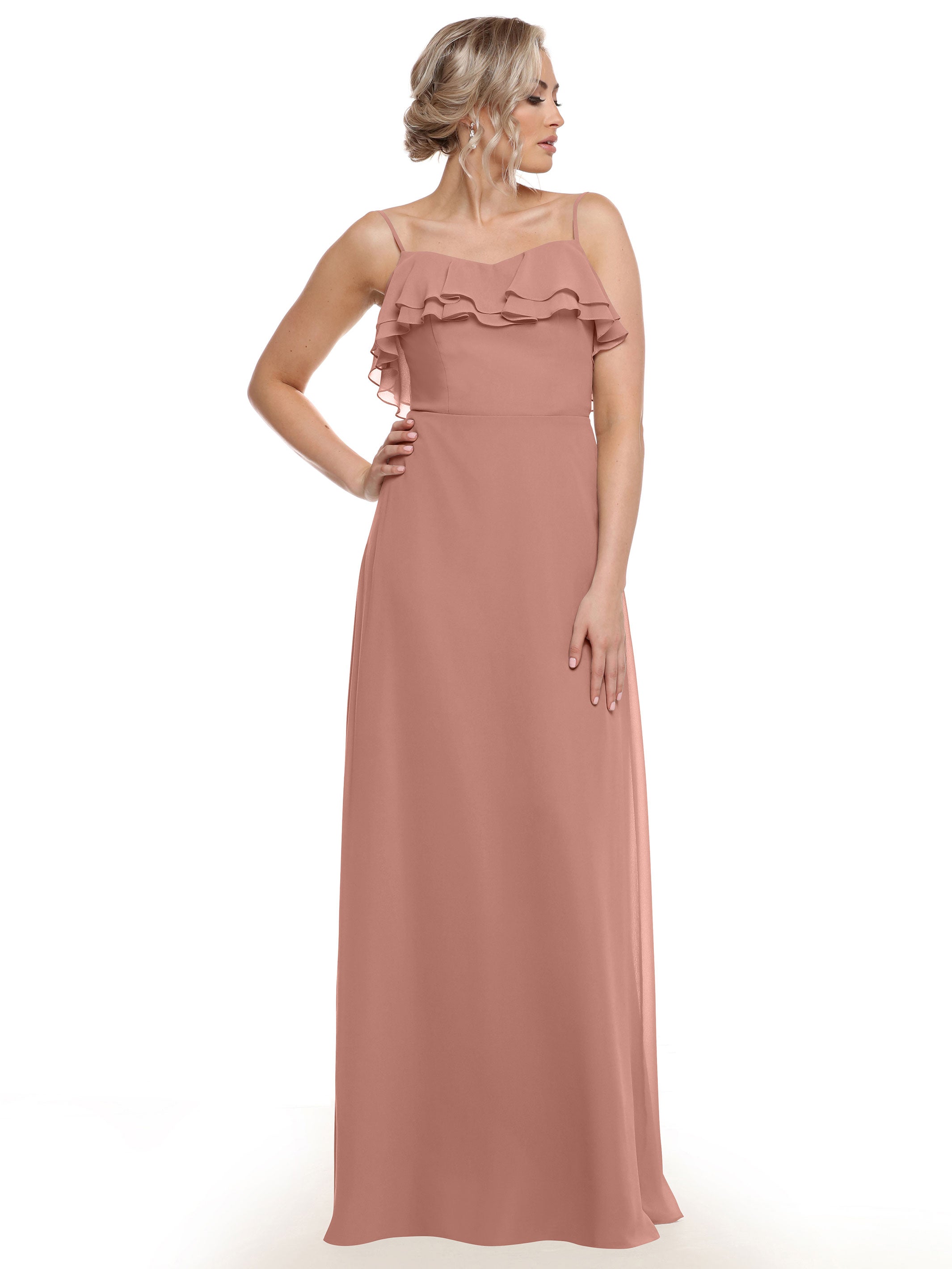 Elegant 80146 Chiffon Bridesmaid Dress with Ruffled Neckline - Perfect for Weddings, Formal Events & Special Occasions