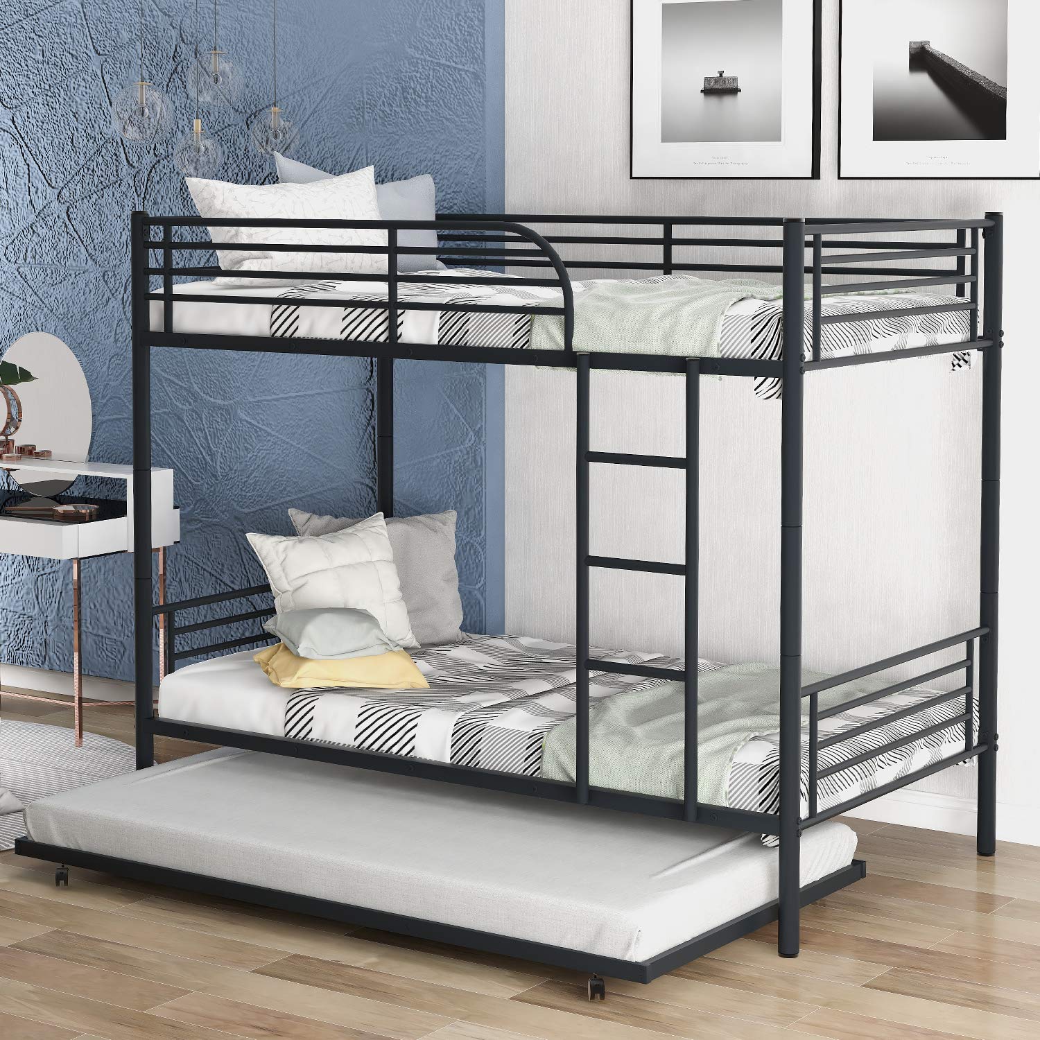 KLMM Twin Over Twin Metal Bunk Bed with Trundle - Heavy Duty Steel Frame, Convertible to 2 Separate Beds, Guardrails & Ladder Included - No Box Spring Required (Black) | Perfect for Kids' Bedrooms, Guest Rooms & Small Spaces