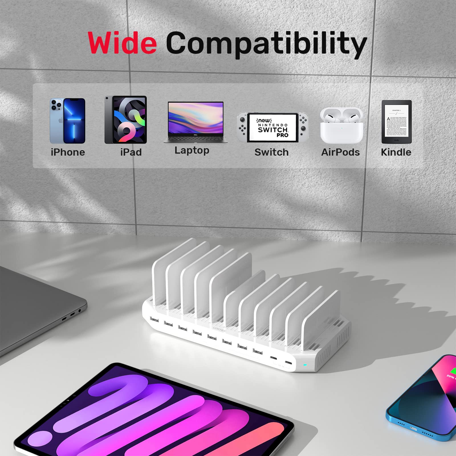 Unitek 120W 10-Port USB C Charging Station | Multi-Device Fast Charger for iPhone, iPad, Smartphones & Tablets | UL Certified | Perfect for Office, Home & Travel Use