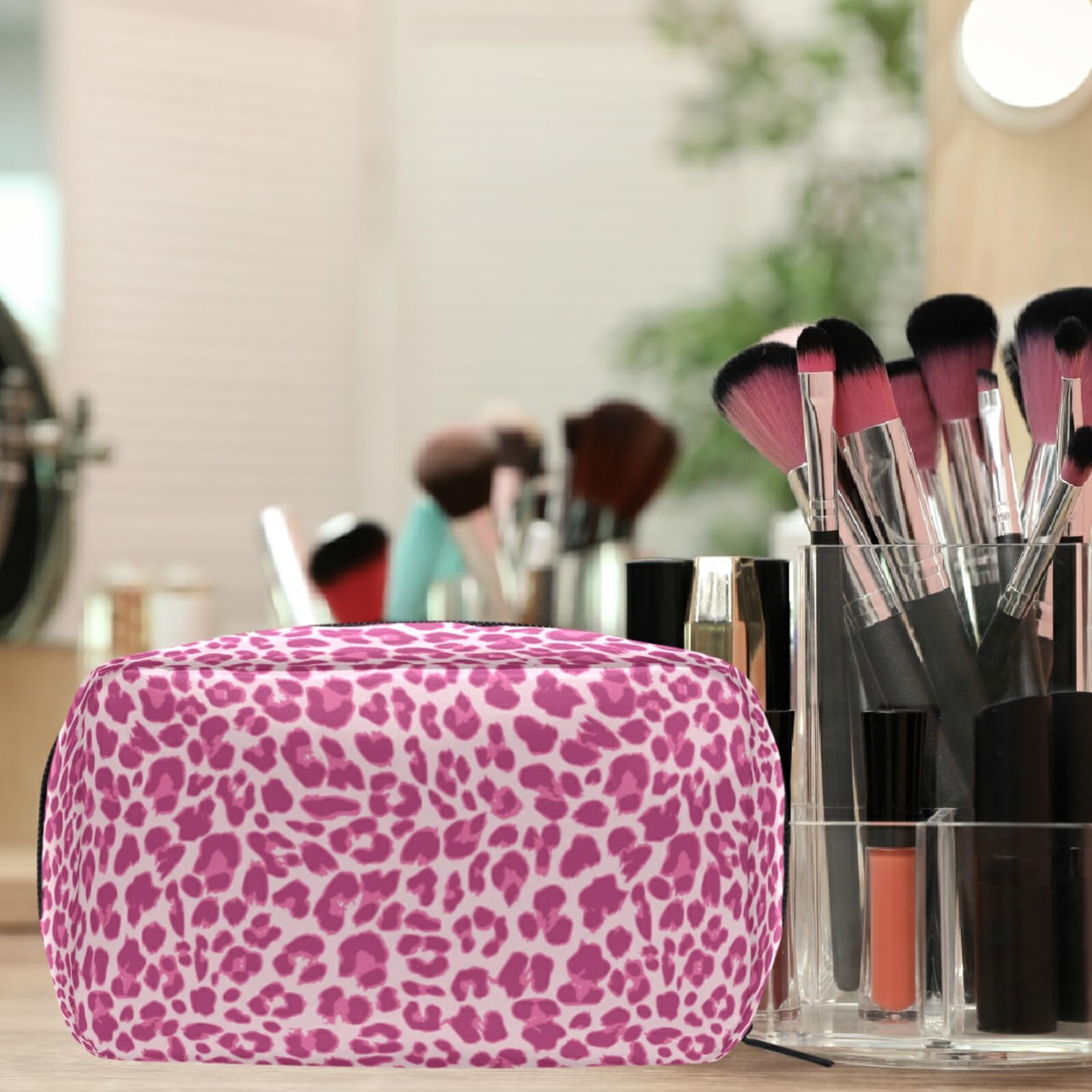 Cute Pink Leopard Print Makeup Bag for Women & Girls - Travel Cosmetic Organizer with Multiple Compartments - Perfect for Toiletries, Jewelry, and Travel Essentials