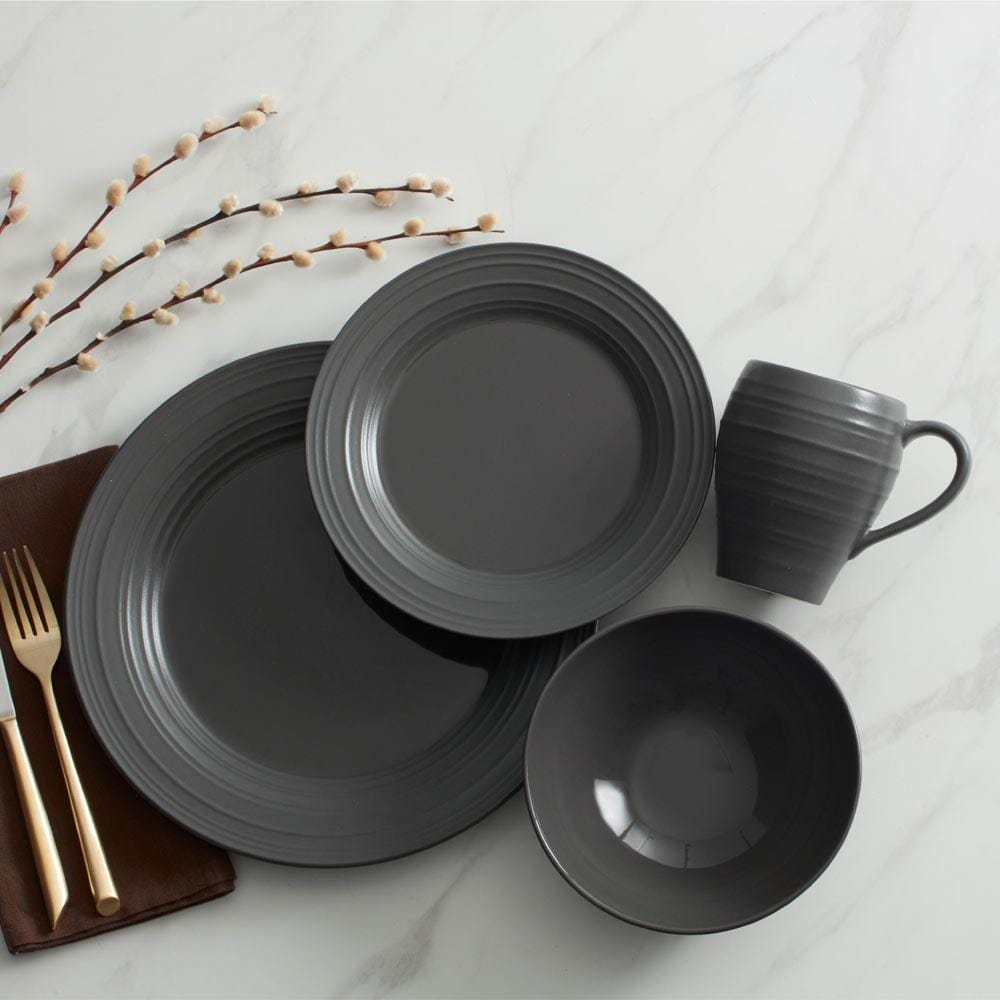 Swirl Graphite 4-Piece Dinnerware Set - Elegant Plates, Bowls, Forks & Spoons for Formal Dining, Dinner Parties & Home Decor