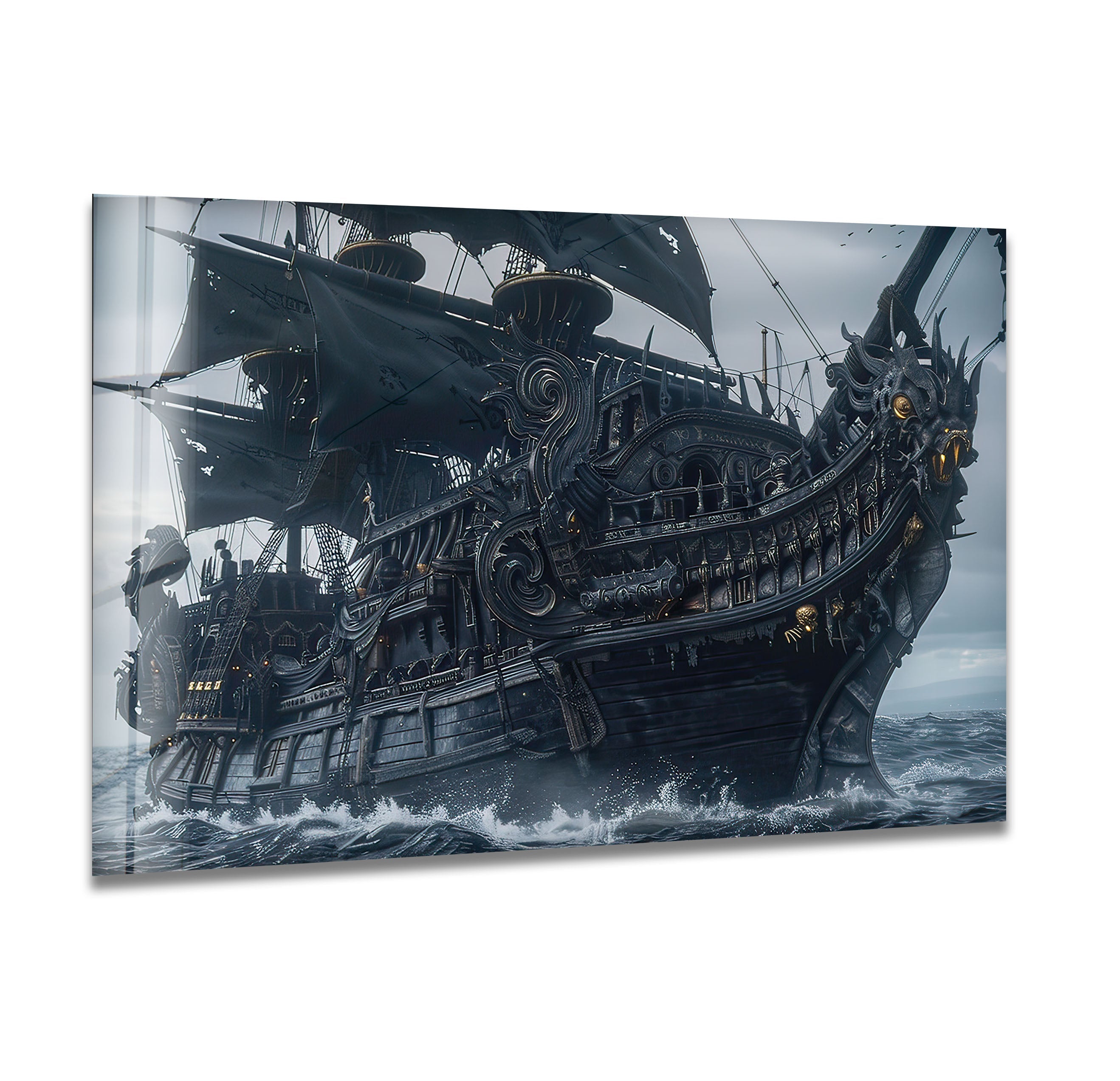 Large Pirate Ship Glass Wall Art Decor - Nautical Theme Stained Glass Window Hanging for Living Room, Bedroom, or Office