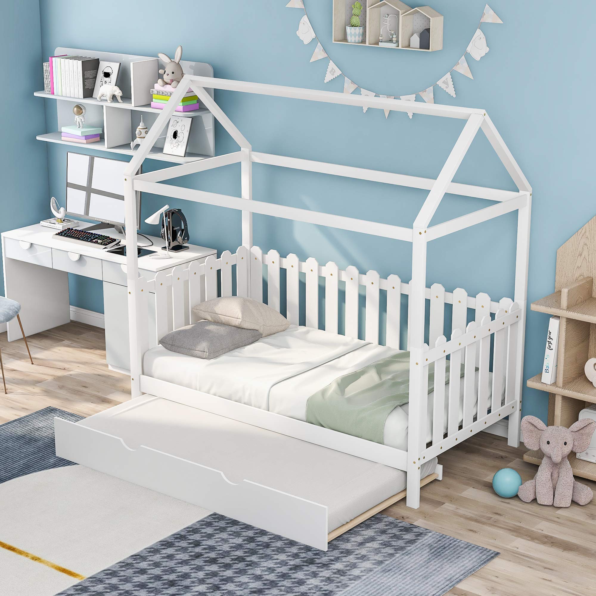 Merax Twin House Bed with Trundle - White Wooden Bunk Bed with Fence-Shaped Guardrail for Kids, Girls & Boys | Perfect for Shared Bedrooms, Sleepovers & Space-Saving Kids' Rooms