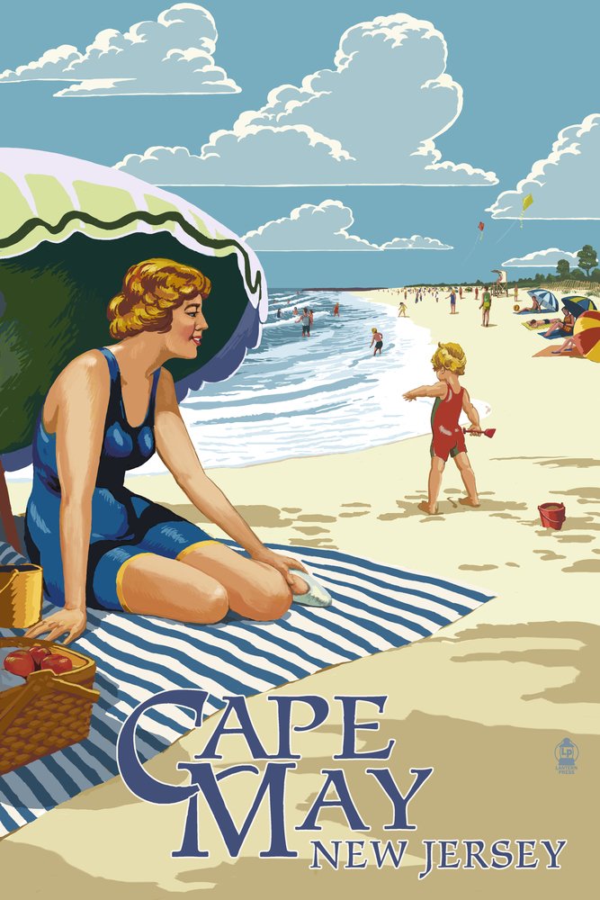 Signed Cape May New Jersey Beach Woman Art Print - 24x36 Wall Decor Poster for Living Room, Bedroom & Office | Coastal Home Decor