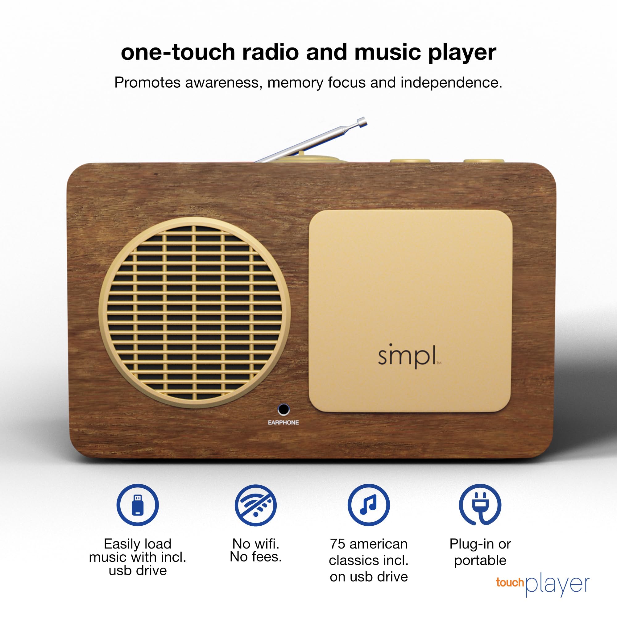 Retro Wooden SMPL One-Touch MP3 Player & FM Radio - 4GB USB with 40 Classic Hits, High-Quality Sound for Audiobooks & Music | Perfect for Home, Office & Travel | Durable Design with Live Tech Support (Red)