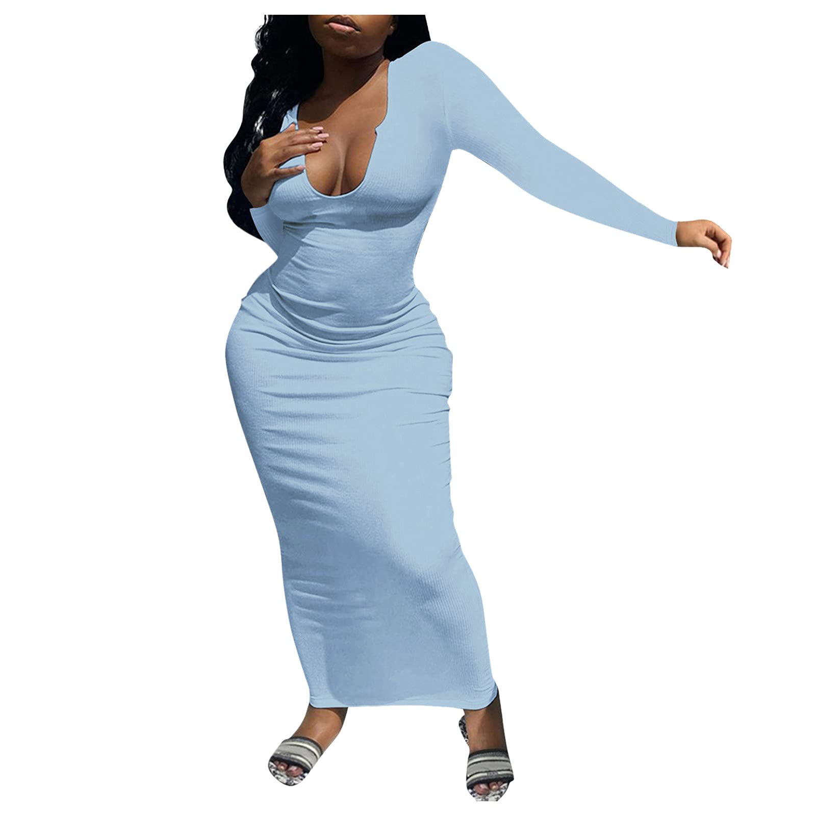 HHPP Women's Long Spring Dresses - Solid Color Knee Length Casual Sundress for Home, Beach & Outdoor Activities | Flowy Comfortable Summer Dress