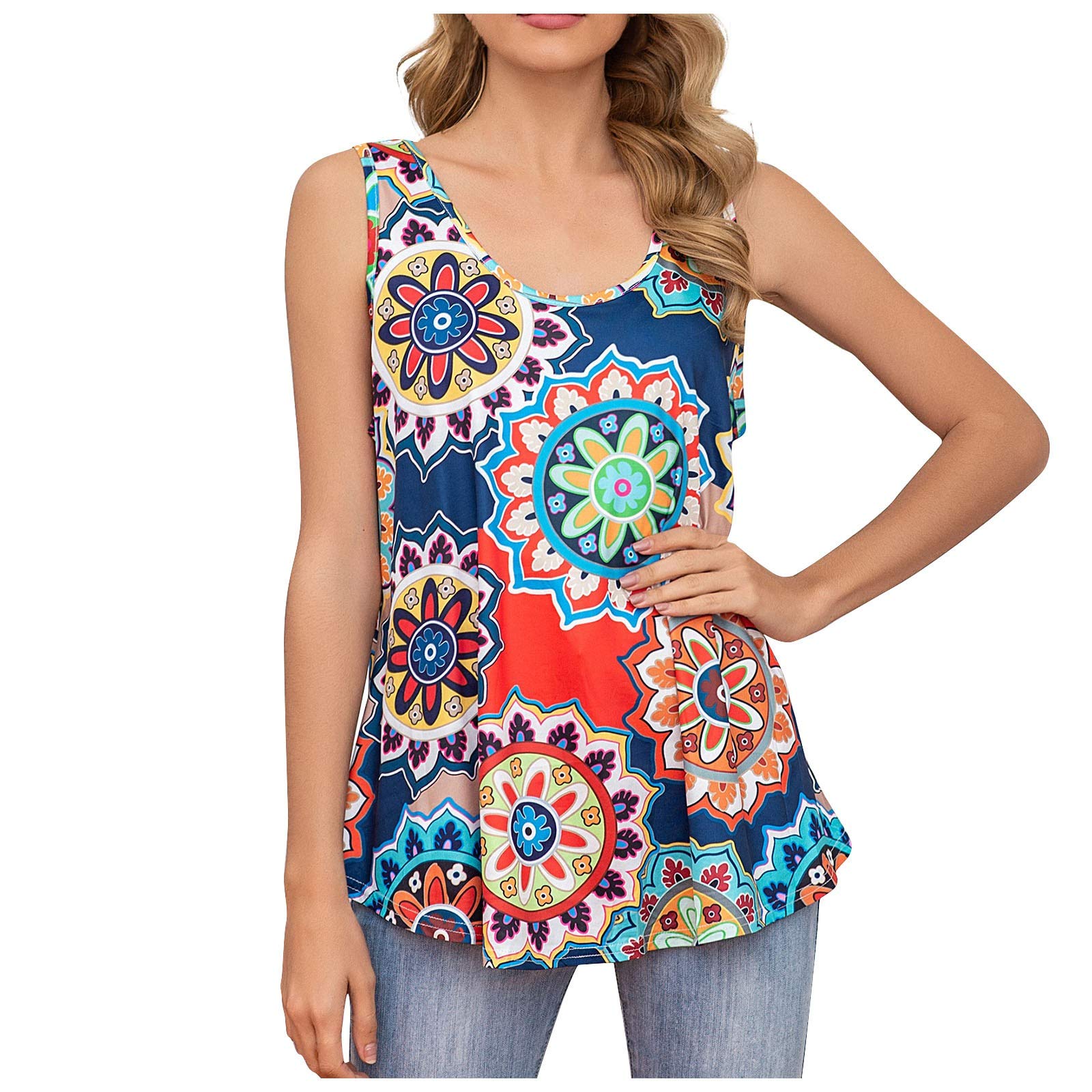 DSFH Women's Summer Sleeveless Printed Blouse - Flowy Loose Fit Casual Top, Plus Size Vest Shirt for Beach, Vacation & Everyday Wear