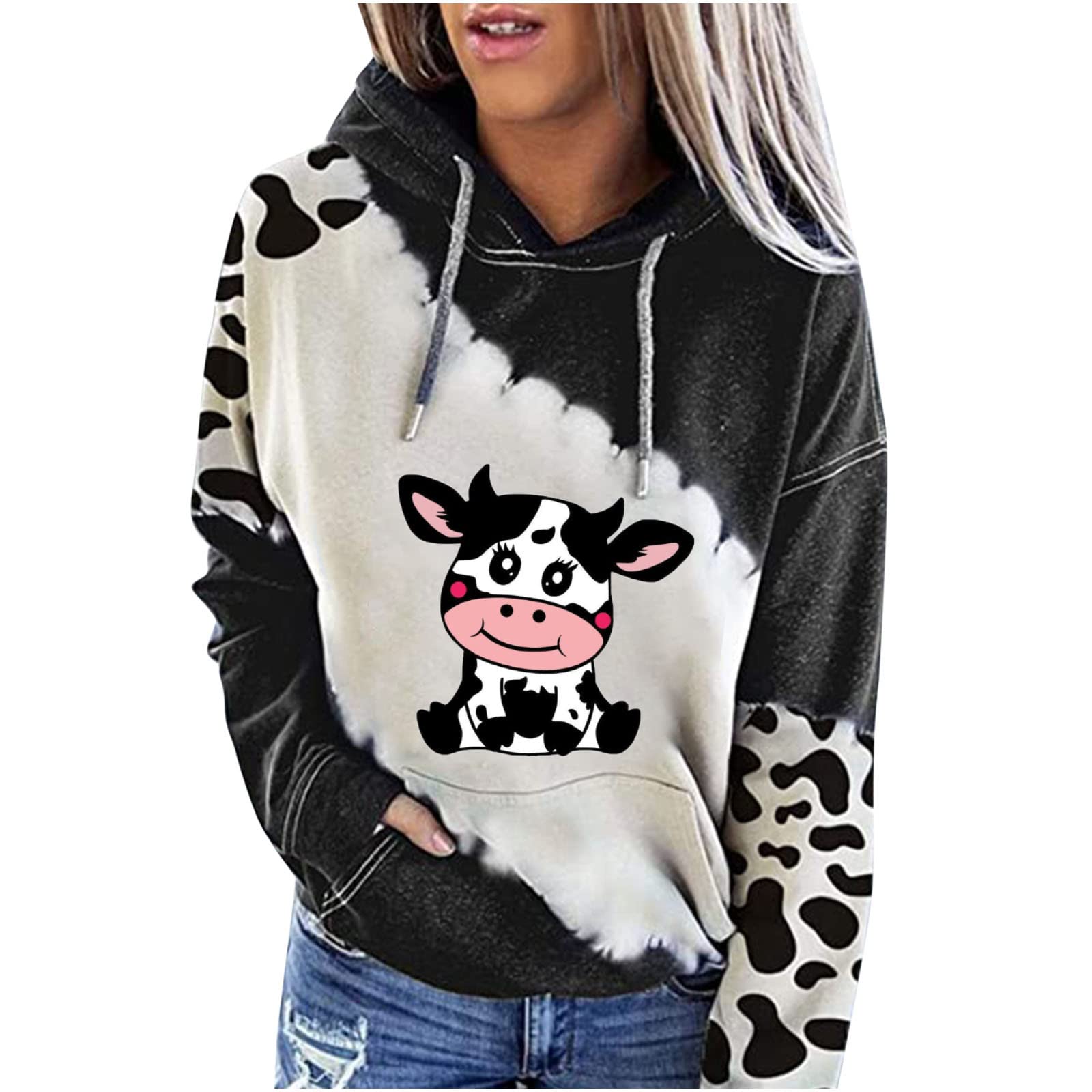 Women's Cute Cow Print Hoodie - Long Sleeve Pullover Sweatshirt with Patchwork Design | Casual Tunic Top for Women | Perfect for Farm Visits, Animal Lovers & Cozy Outfits