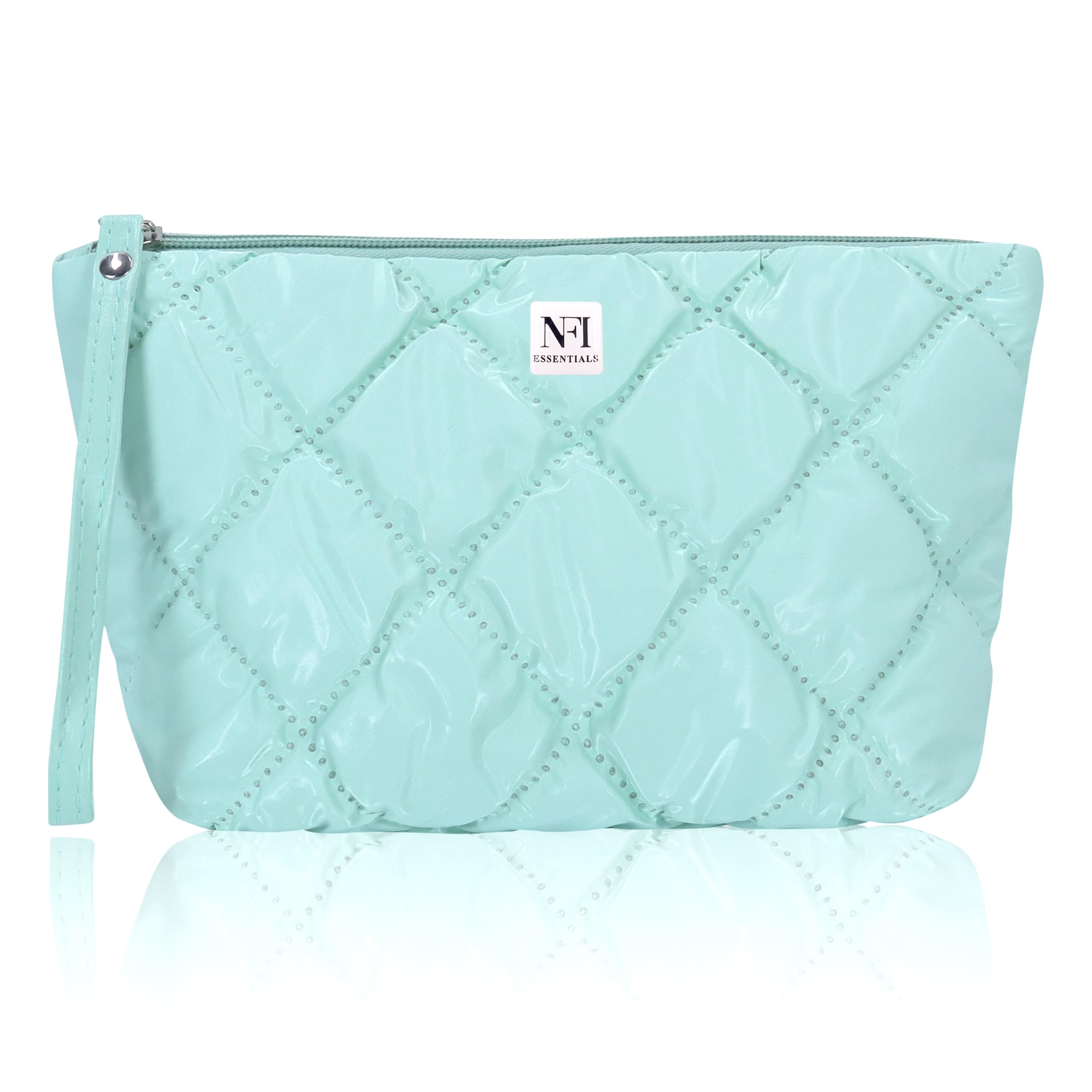 NFI Essentials Multipurpose Quilted Cosmetic Pouch for Women - Checkered Puffy Makeup Bag with Zipper, Portable Travel Toiletry Organizer with Handle | Perfect for Travel, Gym & Daily Essentials Storage