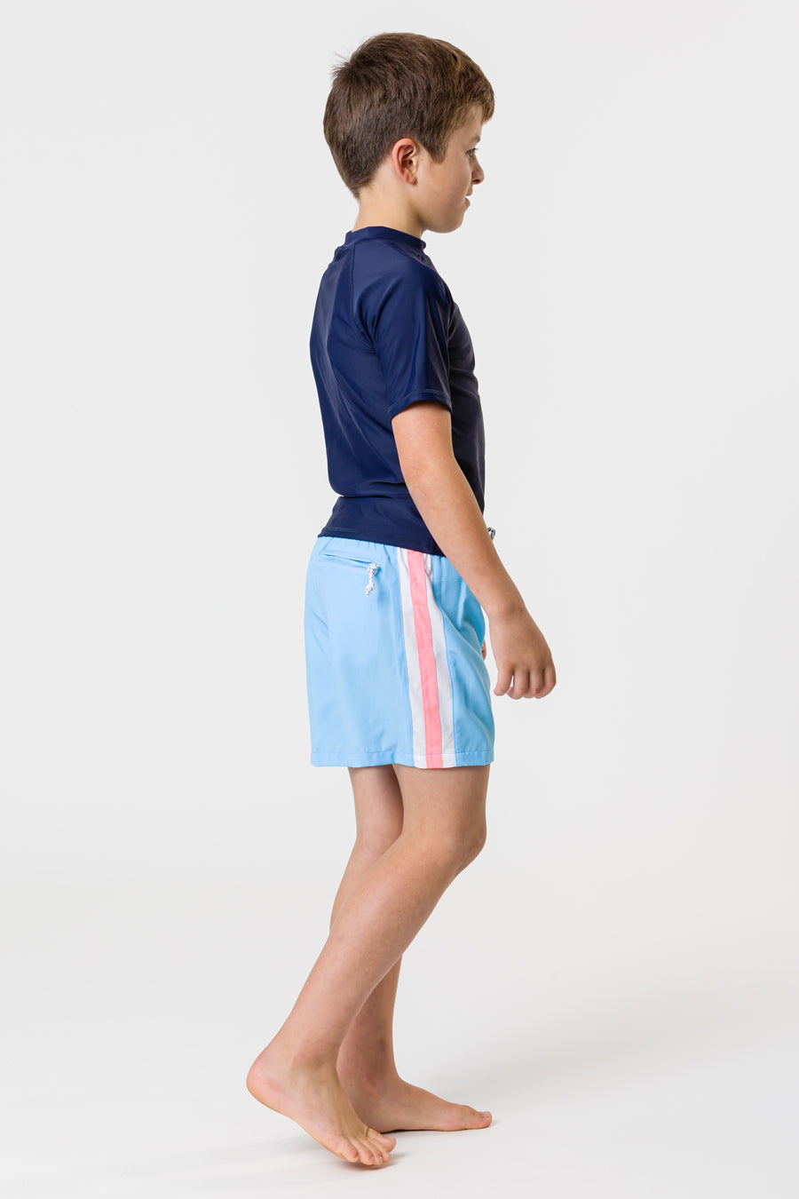 Boys' Swim Shorts - Snapper Rock Blue Retro Stripe Volley Board Shorts for Beach, Pool & Summer Activities | Quick-Dry Comfort Swimwear for Kids