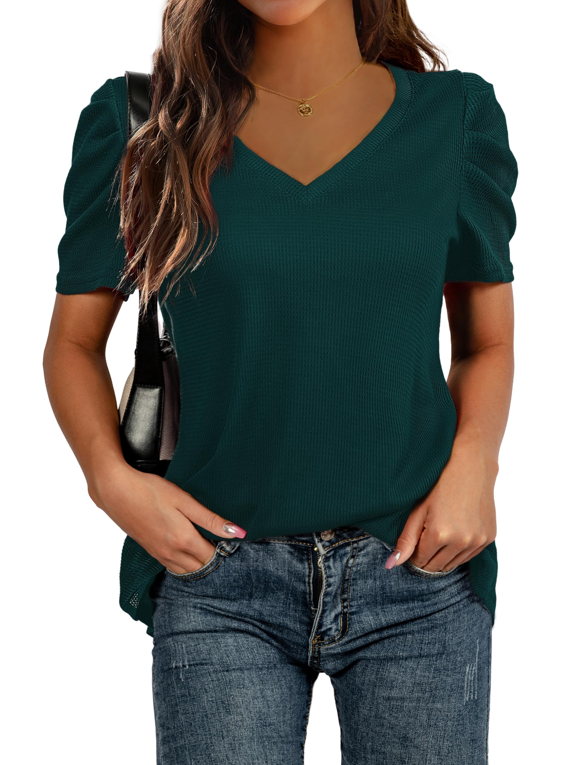 Traleubie Women's Puff Short Sleeve Tunic Top - Casual Waffle V-Neck Shirt for Women (S-XL) | Perfect for Spring/Summer Outfits, Office Wear & Weekend Brunch