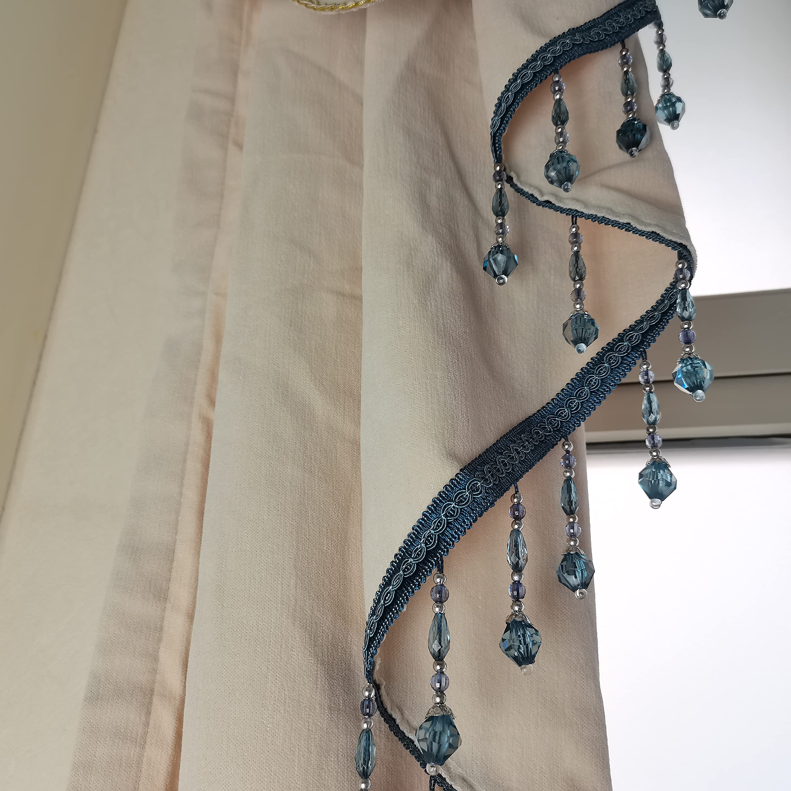 European Style Swag Waterfall Chenille Window Valance - Luxury Beige Kitchen & Bedroom Curtain with Custom Beads & Rod Pocket (1 Panel, 78 Inch) - Perfect for Living Room, Dining Room & Home Decor