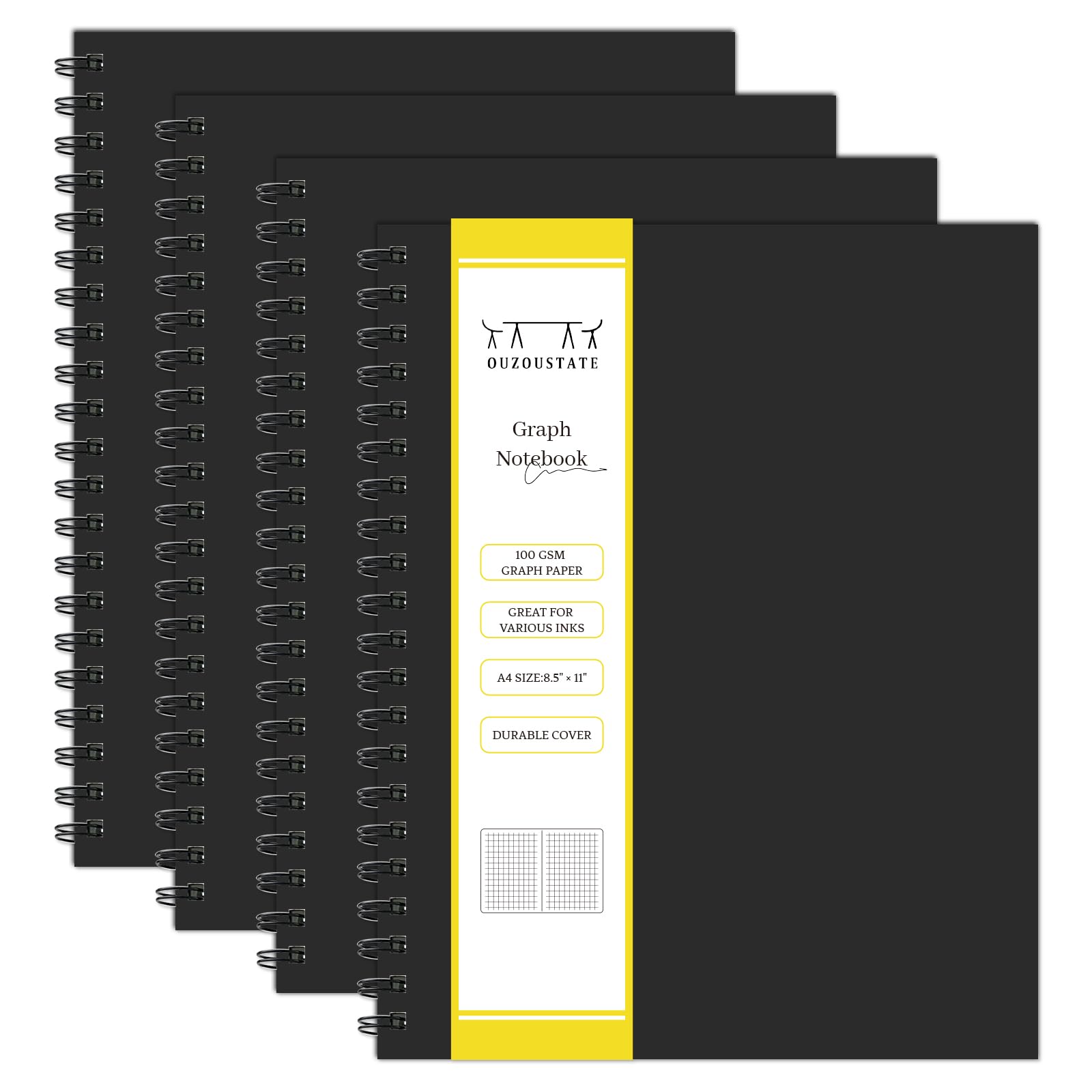4 Pack Graph Paper Spiral Notebook - A4 Grid Journal 8.5
