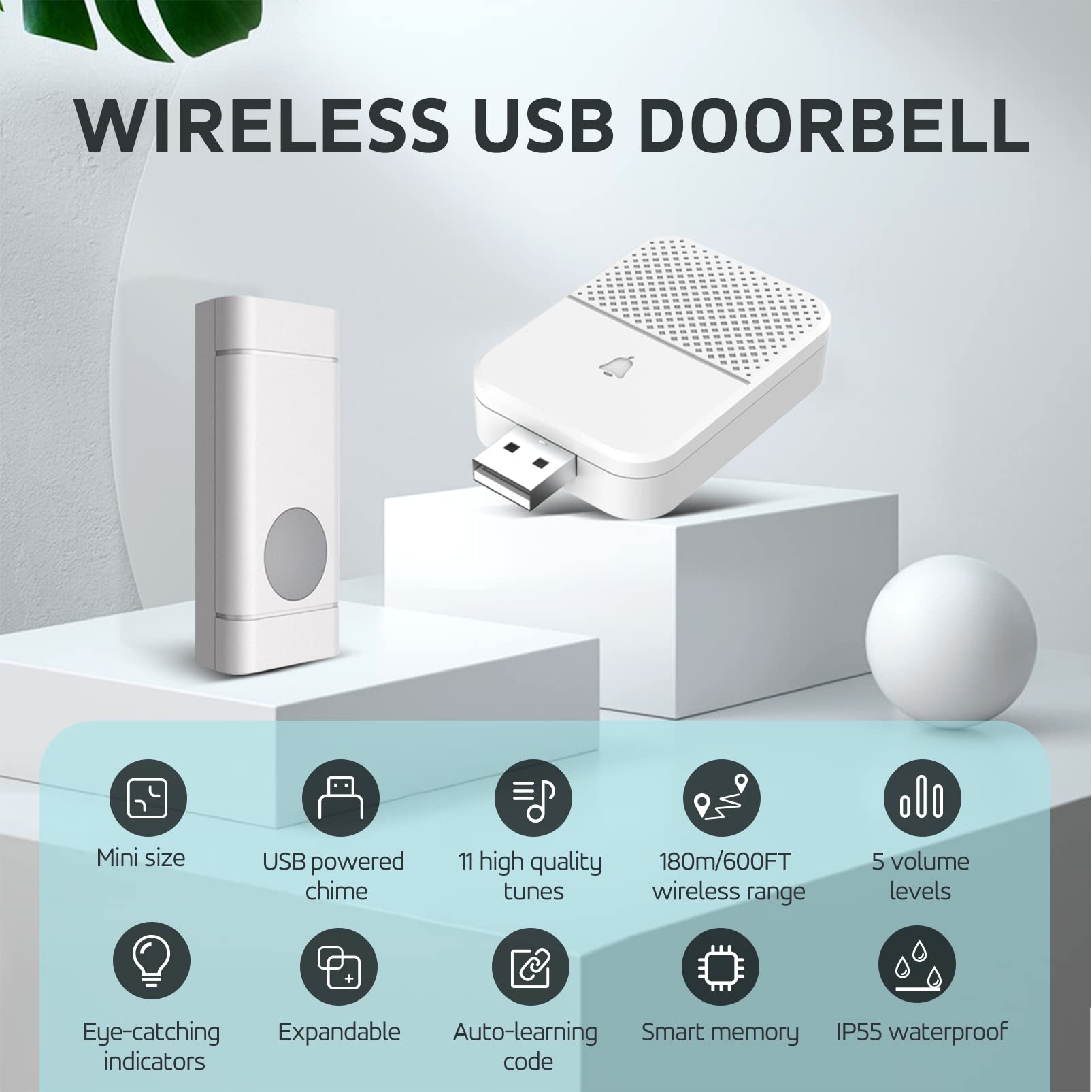 Coolqiya Mini Wireless Doorbell - 650FT Long Range Remote Door Chime with Waterproof Button & 2 USB Receivers (1 Transmitter) - Ideal for Home, Office, Apartment, and Business Security