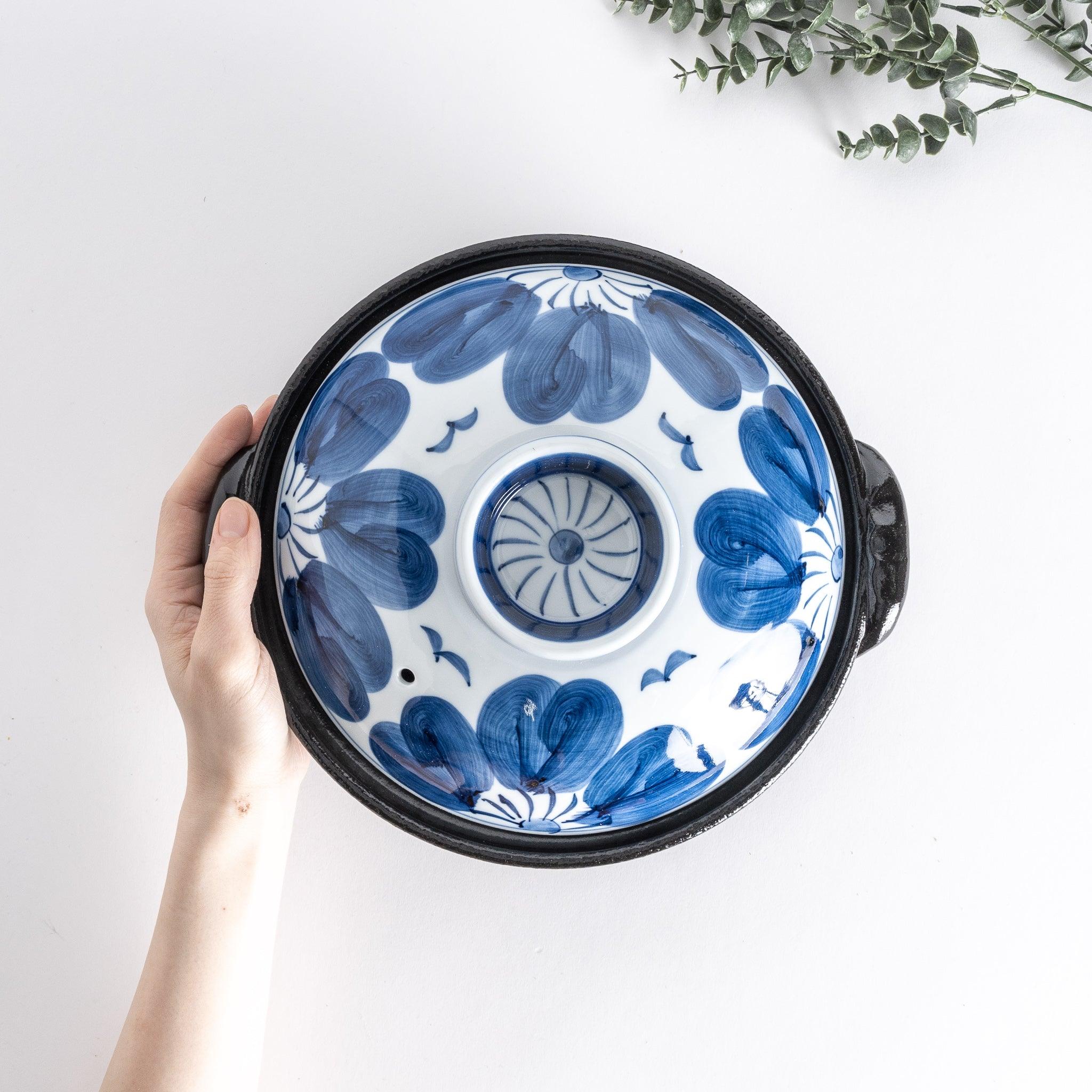 Premium Indigo Floral 8-inch Japanese Donabe Clay Pot - Perfect for 2-3 People | Authentic Japanese Hot Pot & Rice Cooking | Ideal for Home Dining, Gifts & Japanese Cuisine Lovers