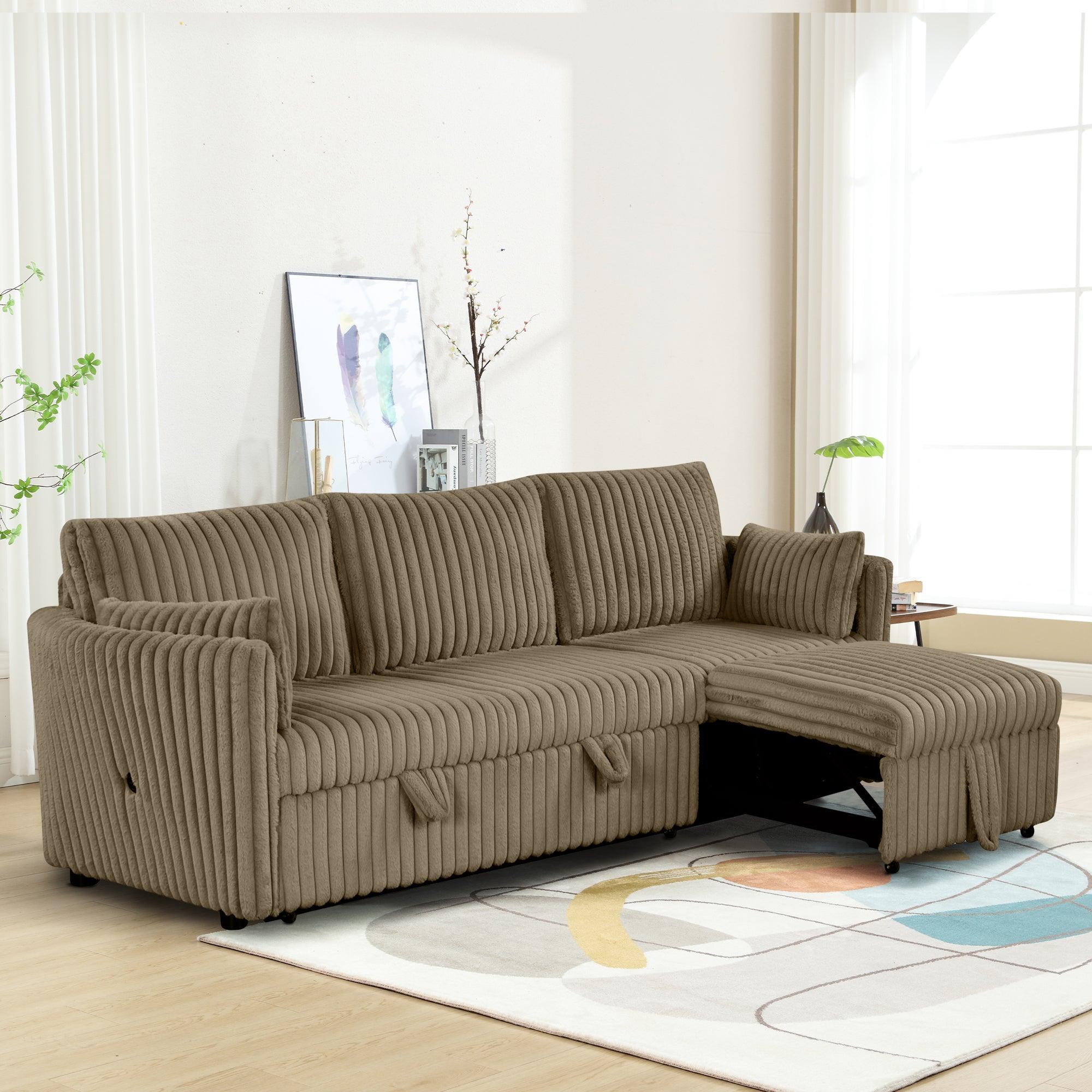 Luxury Brown Faux Fur Oversized Convertible Sectional Sofa - Sleeper Sofa, Daybed & Chair with 2 Pillows & USB Charging Ports - Perfect for Living Room, Home Theater & Guest Room Comfort