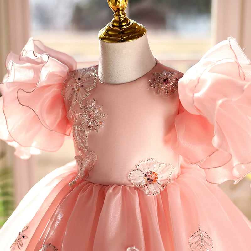 Elegant Pink Coral Satin Flower Girl Dress with Lace Trim, Bow Accent & Bell Sleeves - Perfect for Weddings, Baptisms & Special Occasions