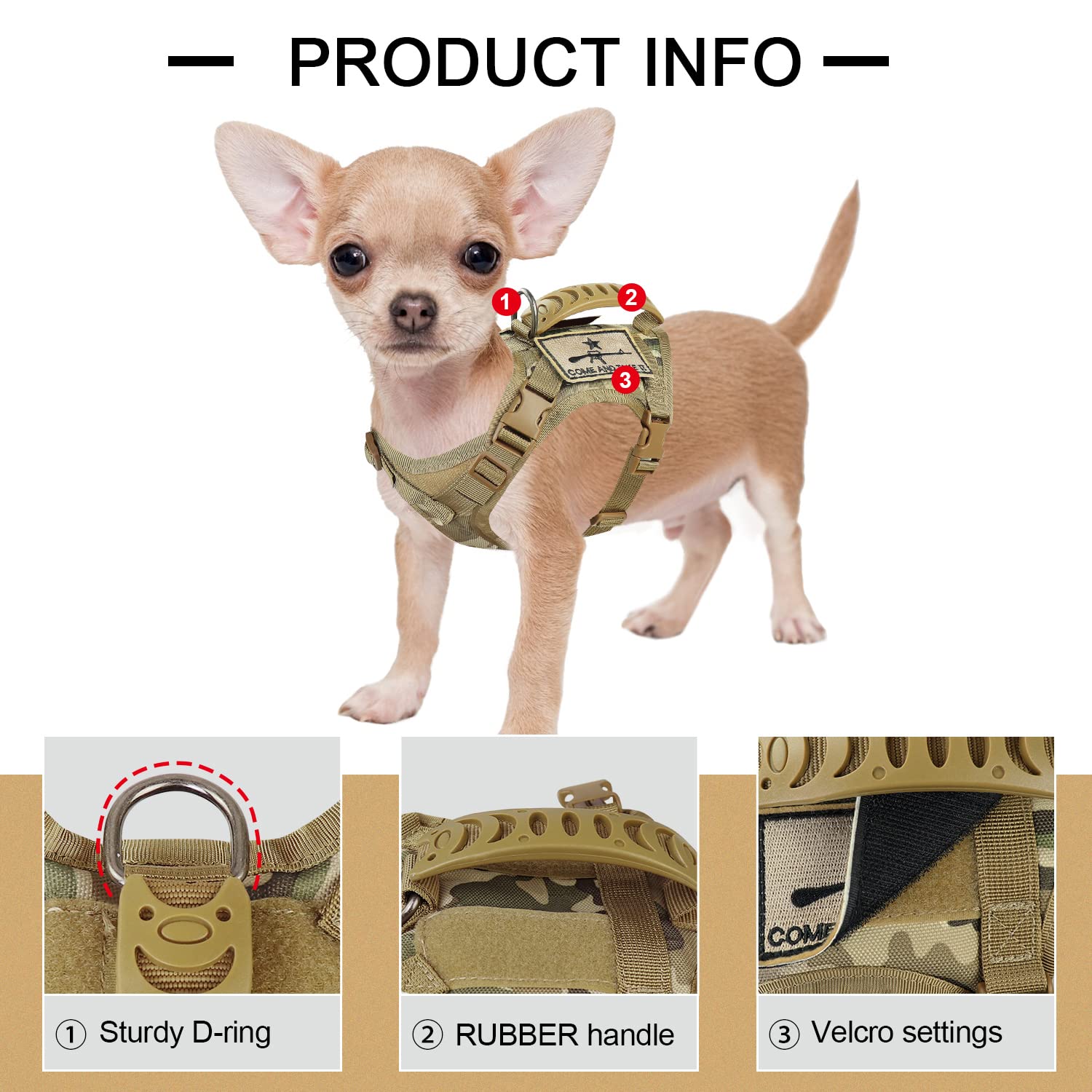 Tactical Dog Harness - Adjustable Military MOLLE Vest with Rubber Handle for Outdoor Training & Working - X-Small Beige (Pack of 1) - Perfect for Hiking, Police K9, Search & Rescue Missions