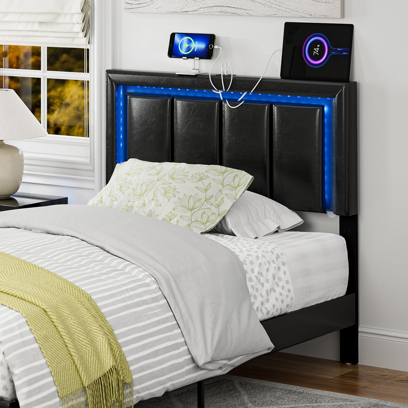 IKIFLY Twin Size LED Headboard with 2 USB Ports & Adjustable Height - Modern Faux Leather Twin/Twin XL Bed Headboard with Soft LED Lighting - Upholstered Headboard Only, Easy Assembly (Black) - Perfect for Bedroom, Dorm Room & Small Space Decor