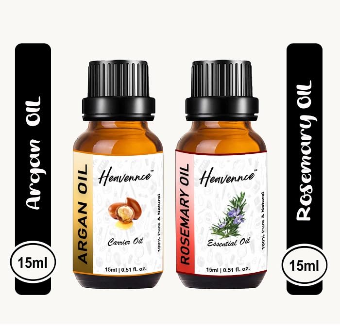 Heavennce Argan Oil & Rosemary Oil Combo for Hair Growth, Skin Moisturizing & Anti-Aging | Natural Hair Care & Skin Rejuvenation Treatment | Aromatherapy Essential Oils Duo | Perfect for Daily Hair Routine & Spa Night Self-Care (Pack of 2, 30ML Each)