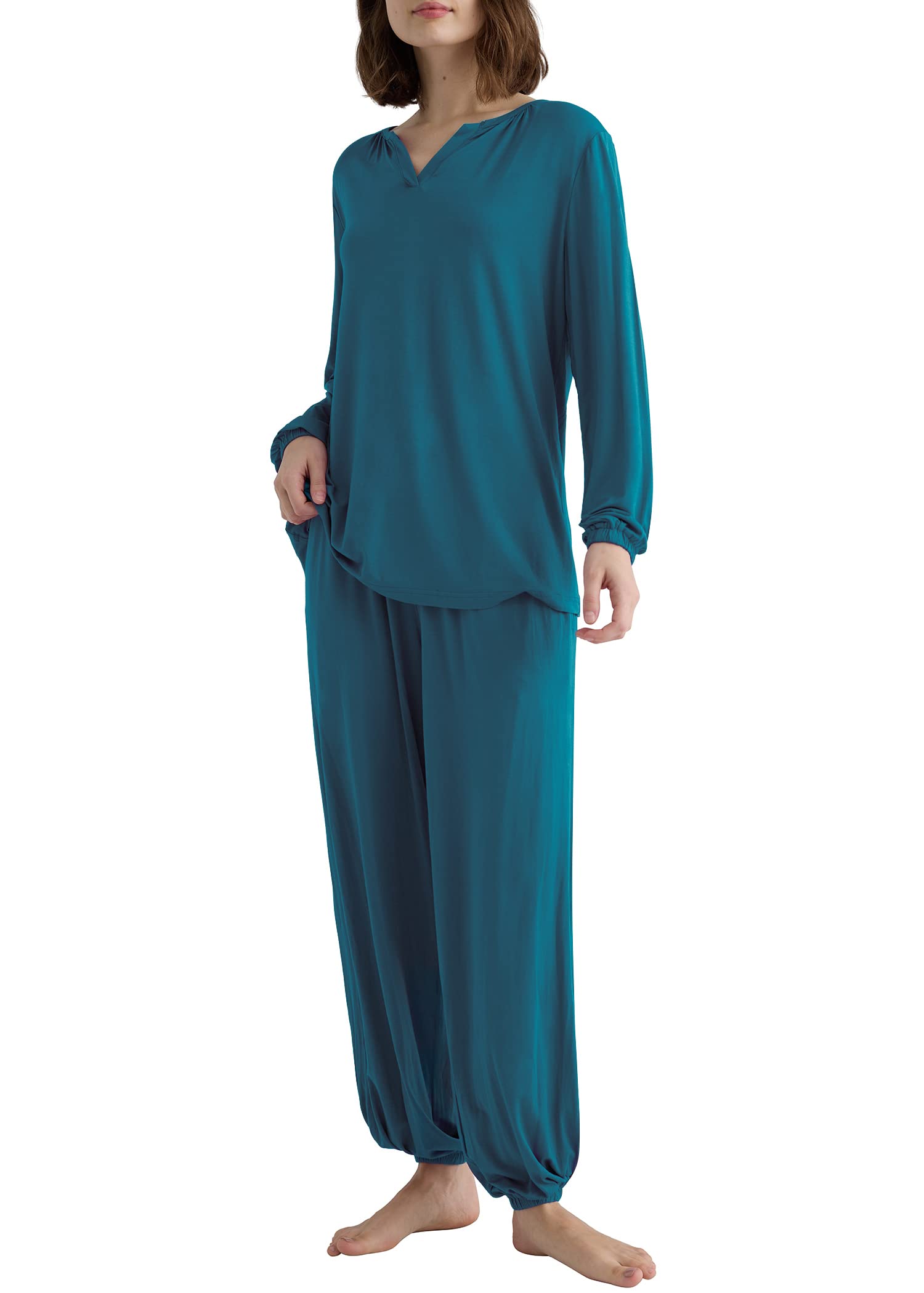 Comfortable Women's Viscose Palazzo Lounge Pants & Long Sleeve Pajama Set - Soft Sleepwear for Relaxing at Home, Lounging & Travel