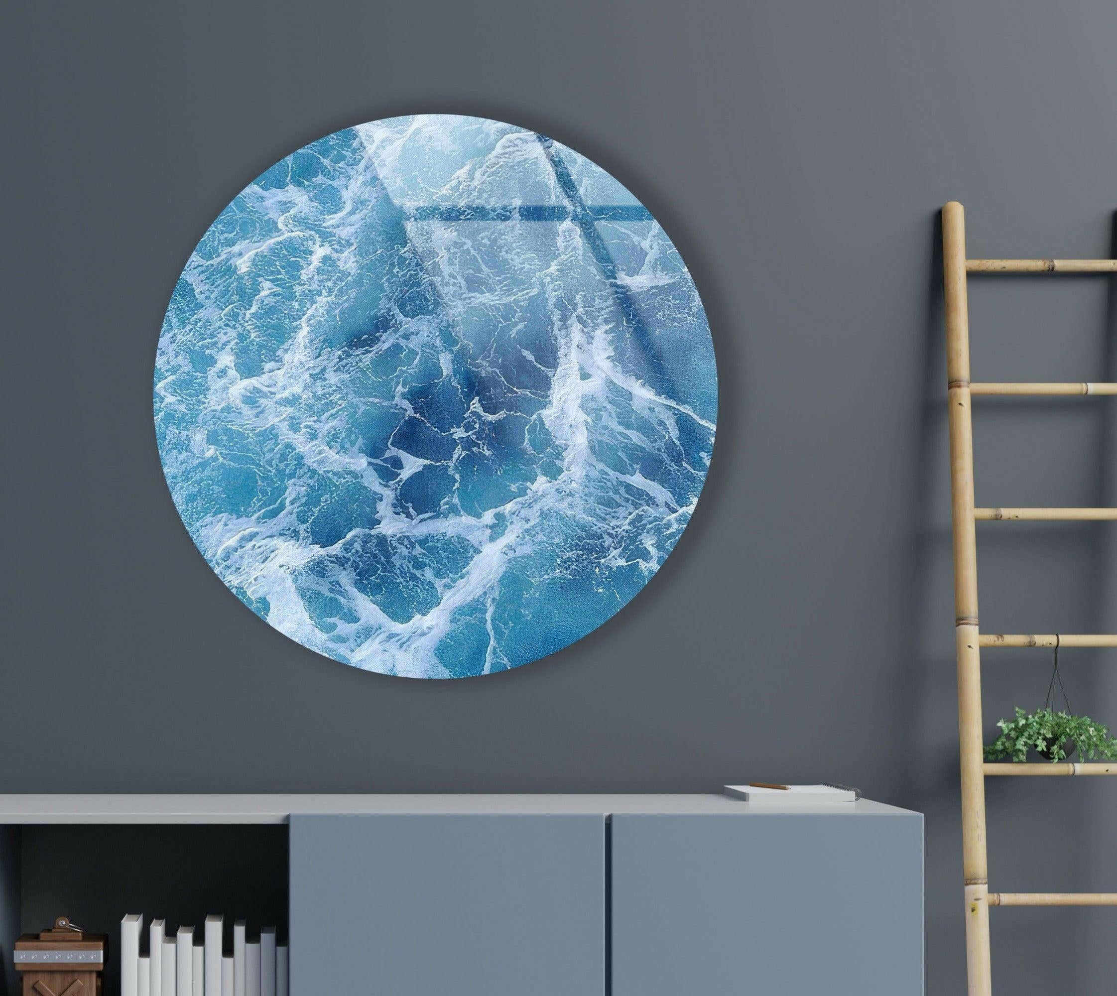 Blue Ocean Waves Round Glass Wall Art - Coastal Decor for Living Room, Bedroom & Office - Handmade Seascape Mural for Home & Office Decor