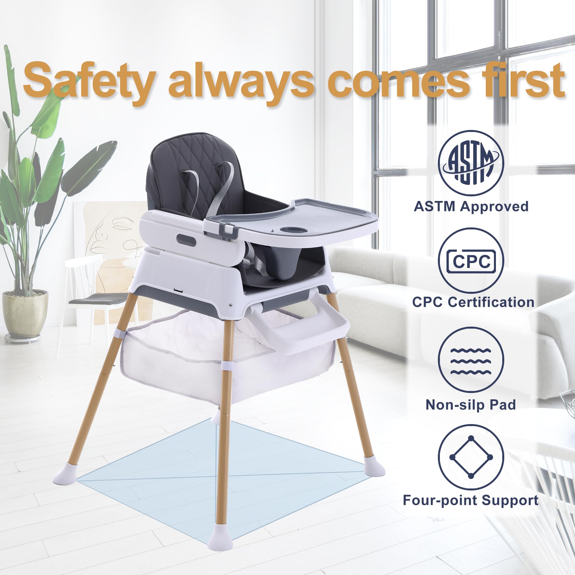 Hrusitoo 3-in-1 Convertible Baby High Chair - Adjustable Toddler Feeding Seat with Compact Design for Infants & Kids (Dark Gray) | Perfect for Dining, Travel & Small Spaces