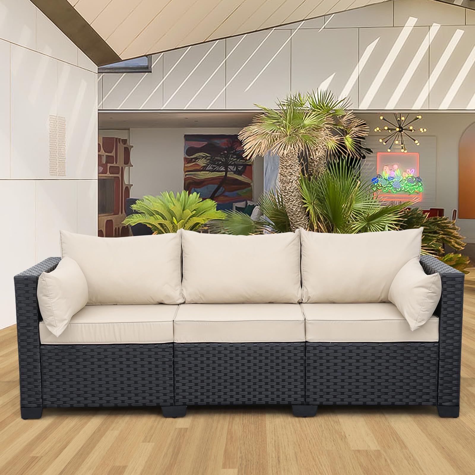 Valita 3-Seat Outdoor Rattan Sofa Set - Black PE Wicker Patio Loveseat with Washable Khaki Cushions - Perfect for Garden, Backyard, Poolside & Balcony Relaxation