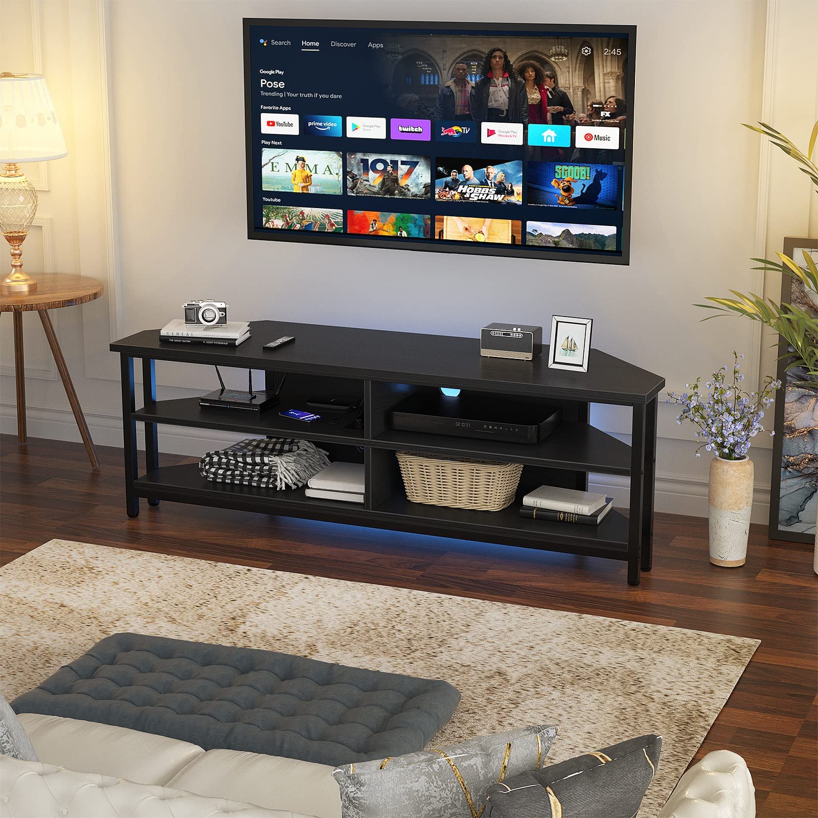 Unikito Corner TV Stand with Power Outlet - Wooden Entertainment Center with 4 Open Shelves, Corner TV Cabinet for Living Room & Bedroom - Fits 55 Inch TVs (Black) | Perfect for Small Spaces & Home Theater Setups