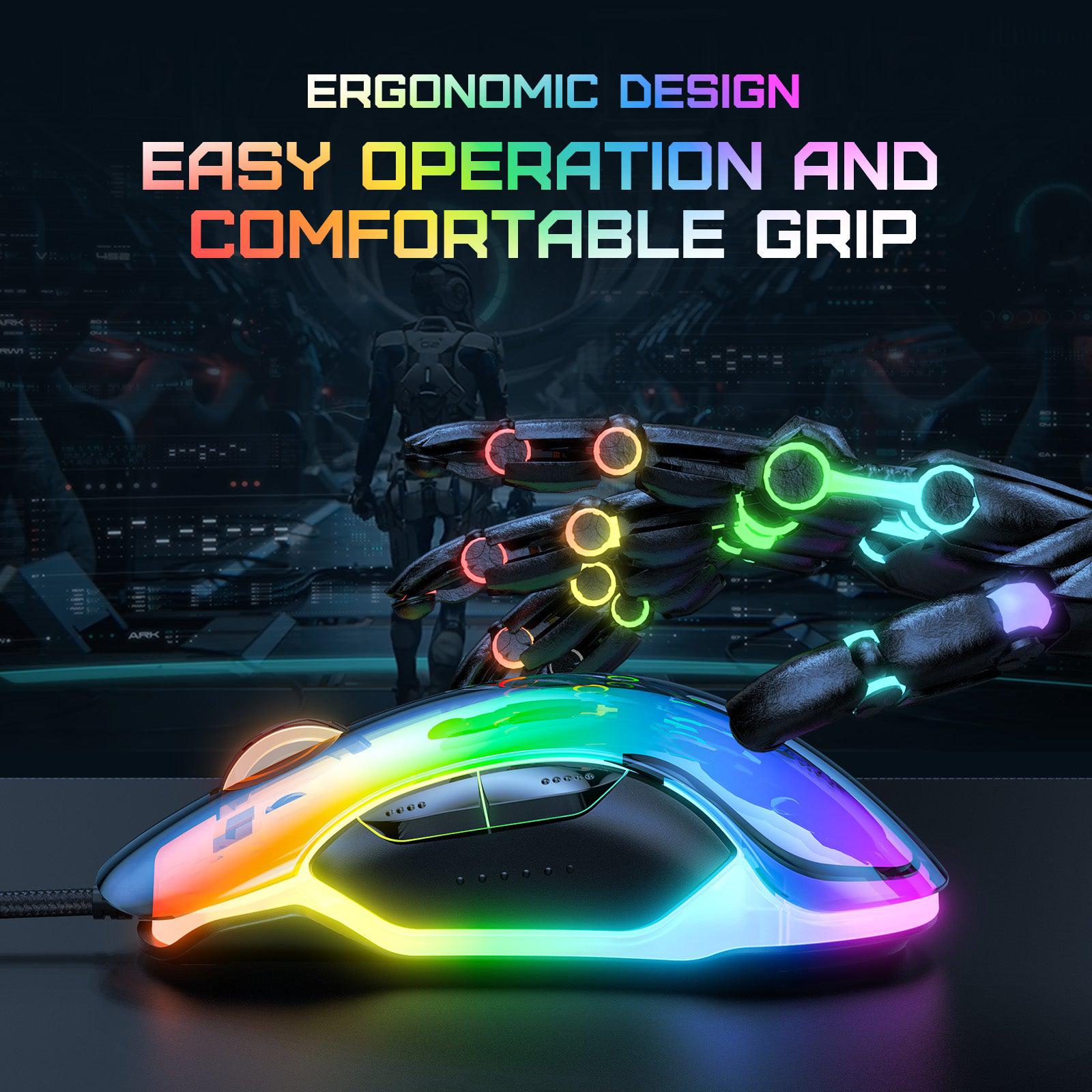ONIKUMA CW925 RGB Backlit Wired Gaming Mouse - 12800 DPI Adjustable, Lightweight Ergonomic Design, Transparent Black Shell for PC, Laptop, PS4, PS5 Gaming | Perfect for FPS, MOBA & Esports