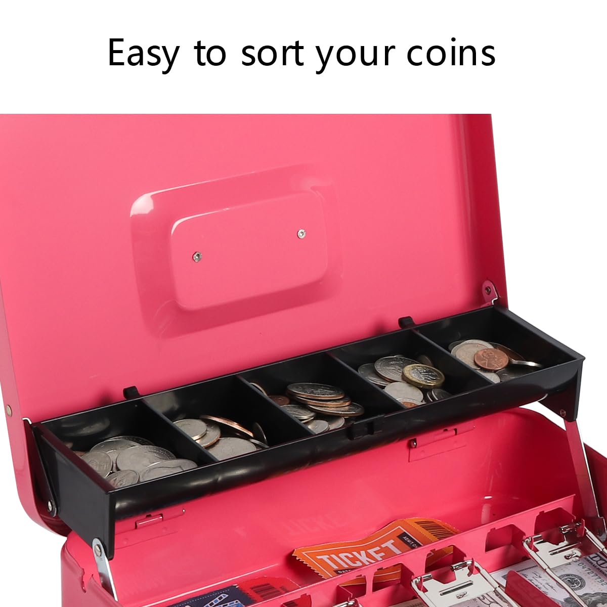 Secure Pink Cash Box with Money Tray & Key Lock - 11.8x9.5x3.5 Inch Money Organizer with Security Cable - Ideal for Retail Stores, Events, and Home Cash Management