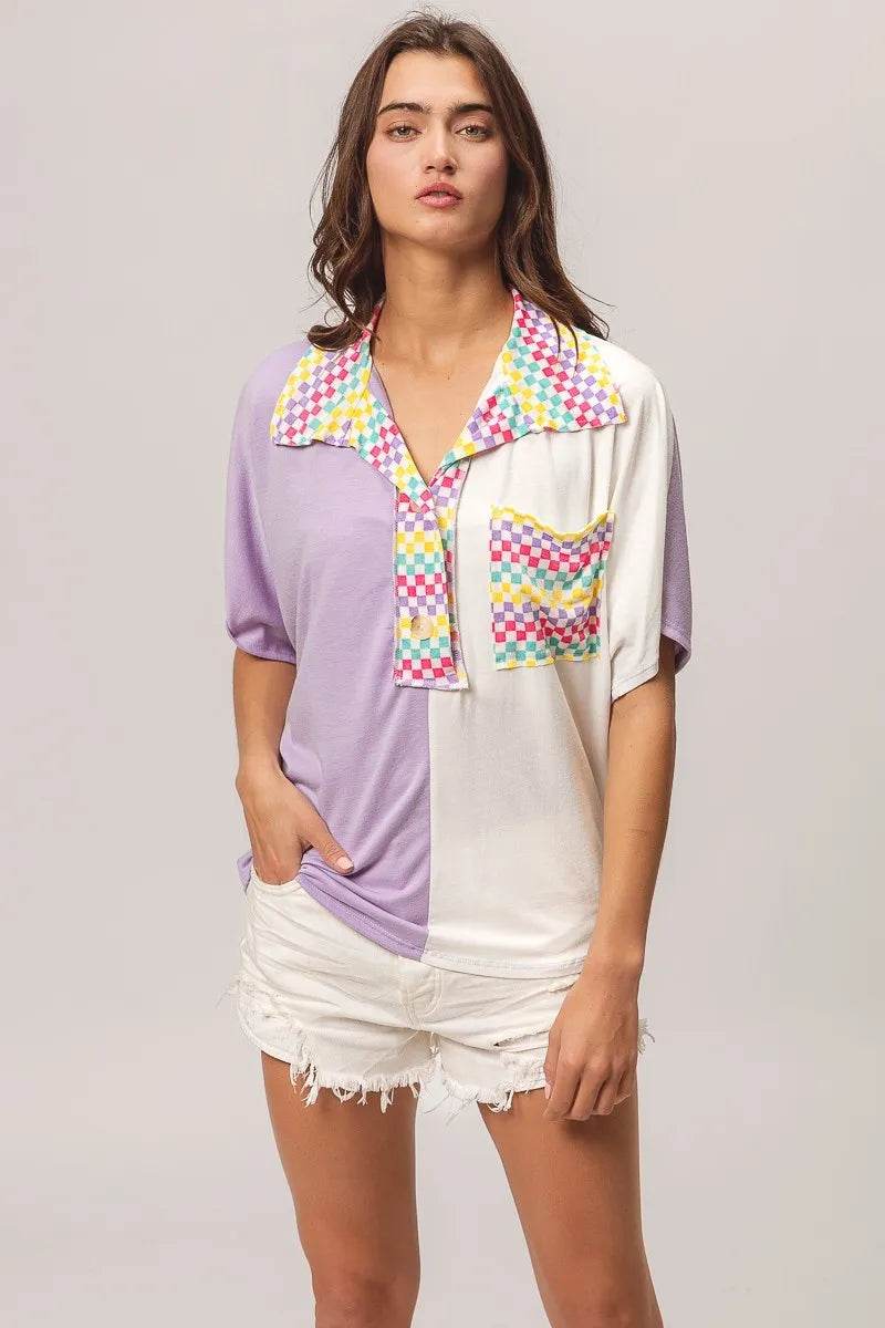 Stylish BiBi Color Block Knit Top with Multi Checker Contrast Design - Perfect for Casual Outings, Office Wear & Date Nights