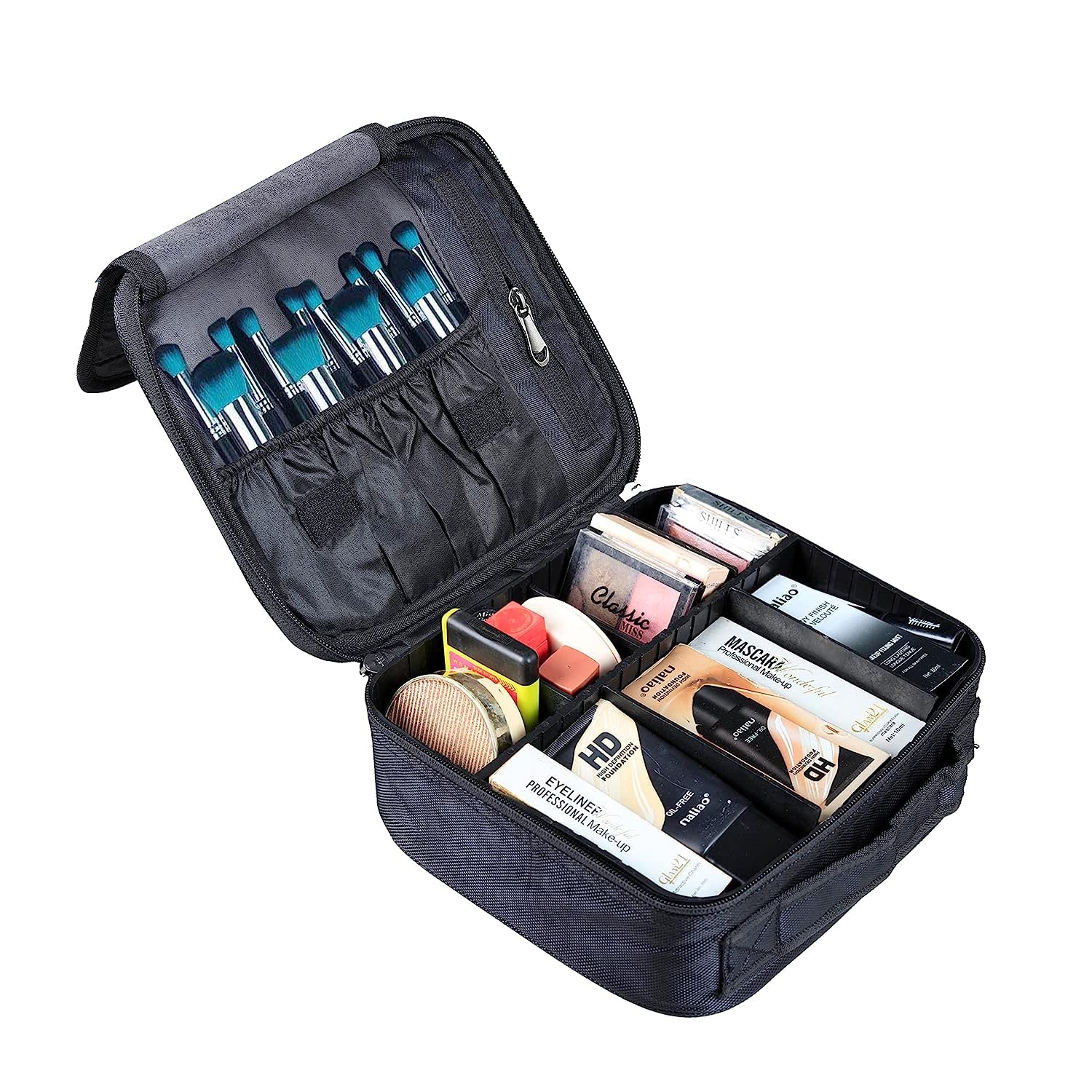 Professional Nylon Cosmetic Makeup Kit Organizer - Adjustable Compartment Travel Toiletry Vanity Bag for Cosmetics, Makeup Brushes, Jewelry & Digital Accessories | Perfect for Travel, Home Storage & Salon Use (Black)