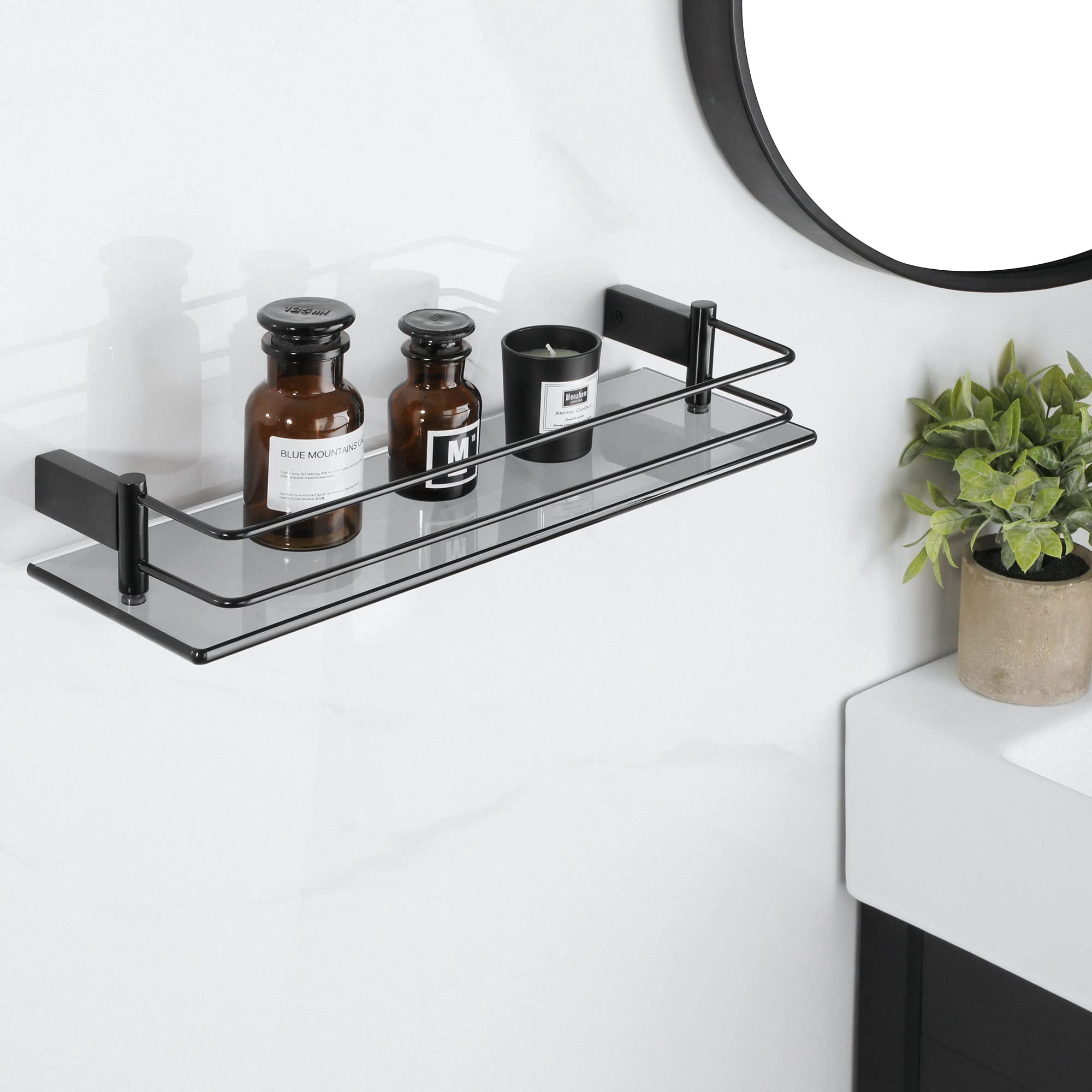 16-Inch Bathroom Glass Shelf Wall Mount - SUS 304 Stainless Steel Matte Black Shower Storage Rack for Shampoo, Soap & Toiletries - Perfect for Shower, Bathtub & Spa Organization
