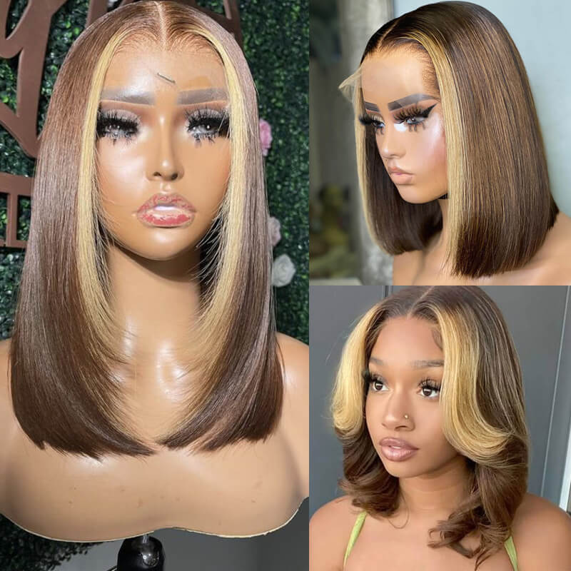 Eullair Short Layered Straight Bob Wig - Chocolate Brown with Honey Blonde Highlights 100% Human Hair Wavy Loose Wig for Women | Perfect for Cosplay, Daily Wear & Costume Parties