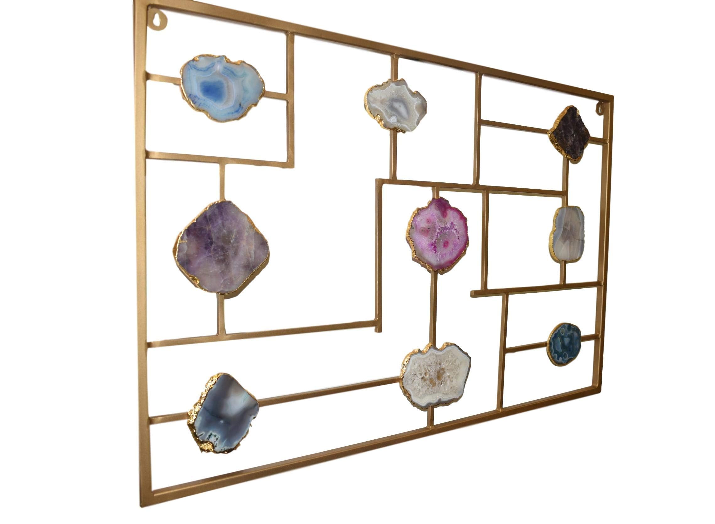 Natural Agate Slices Wall Art - Framed Blue, Brown, Pink, Gray & Gold Healing Crystal Geode Decor - 36 Inch Modern Home & Office Decoration - Perfect for Living Room, Bedroom or Workspace Décor