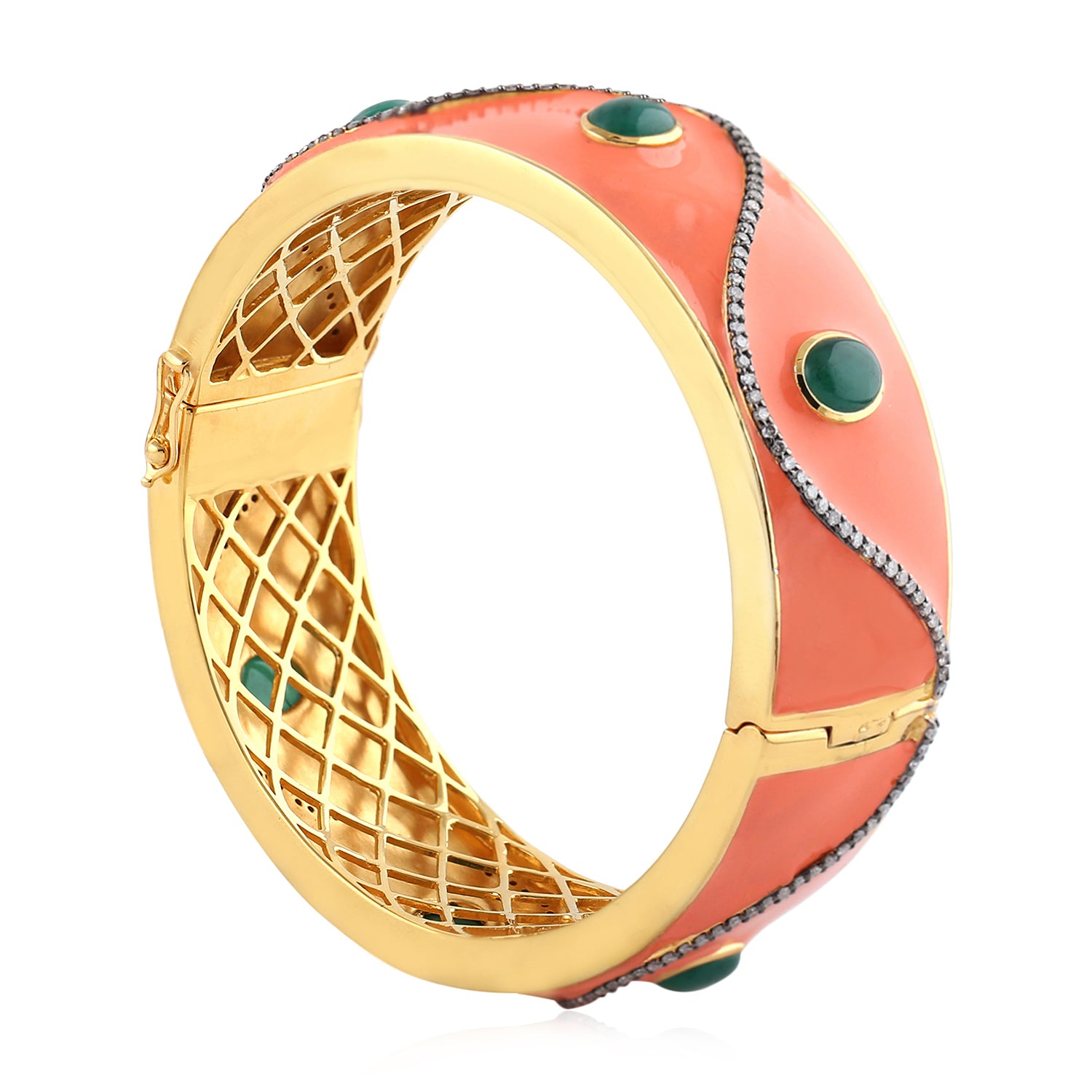18K Yellow Gold & 925 Silver Bezel Set Emerald Pave Diamond Enamel Bangle Bracelet - Elegant Jewelry for Weddings, Parties & Special Occasions