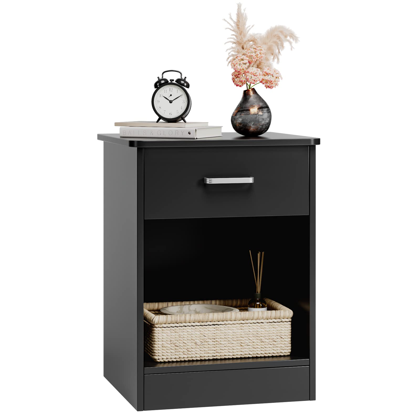 Modern 2-Tier Nightstand with Drawer & Storage Shelf - Bedside Table, End Table for Bedroom, Living Room & Home Office - Compact Black Night Stand for Small Spaces, Apartment Decor & Guest Room Setup